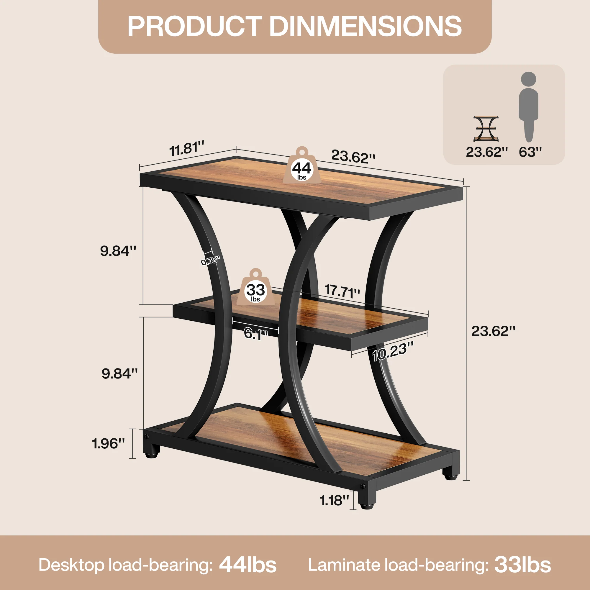 23.6" End Table, 3-Tier Side Table Nightstand with Geometric Design - Image 2