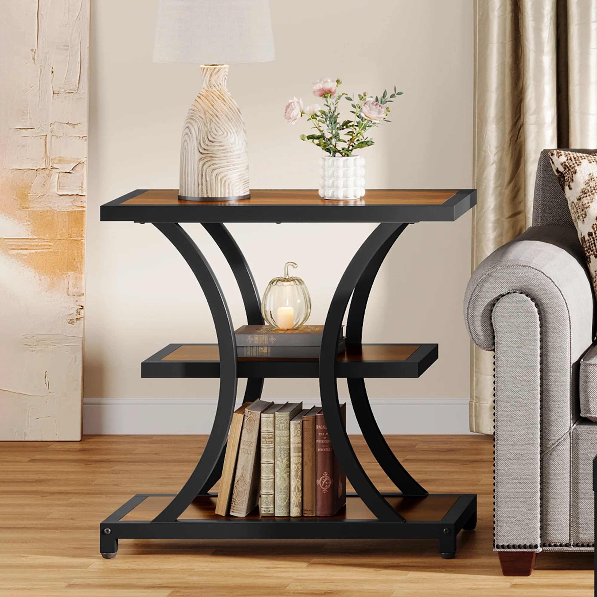 23.6" End Table, 3-Tier Side Table Nightstand with Geometric Design - Image 4