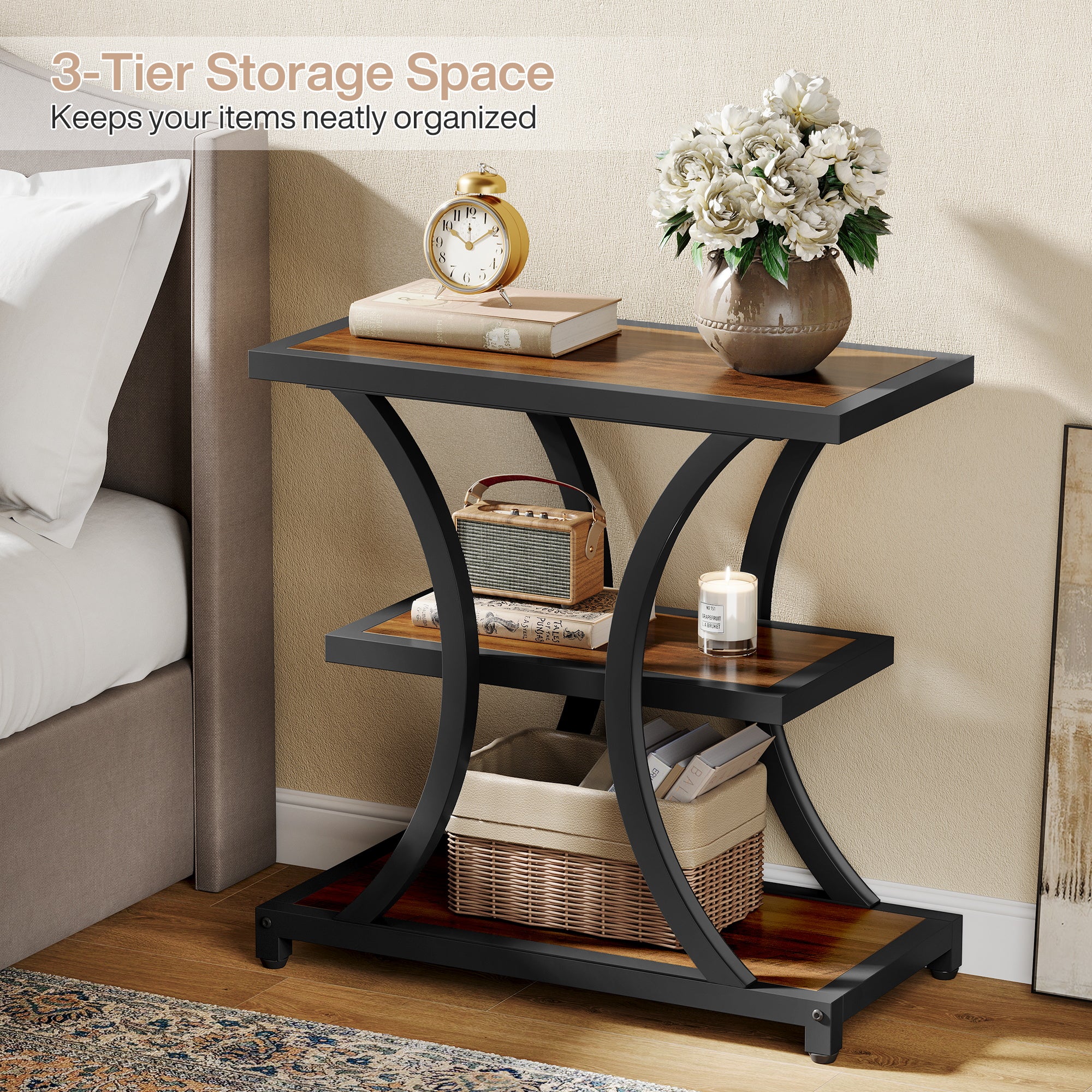 23.6" End Table, 3-Tier Side Table Nightstand with Geometric Design - Image 6