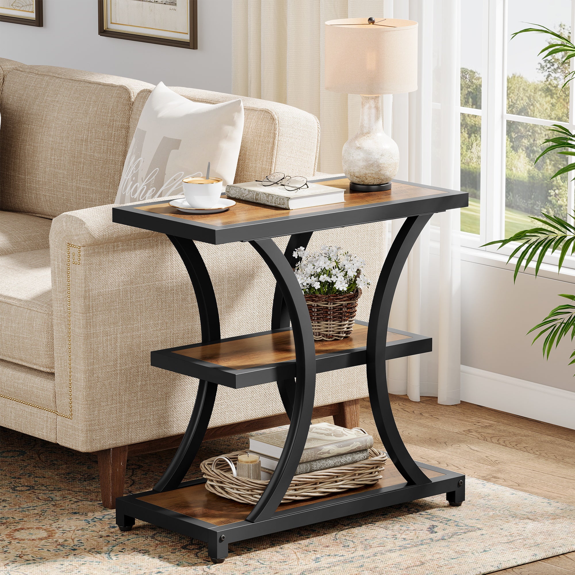 23.6" End Table, 3-Tier Side Table Nightstand with Geometric Design - Image 8