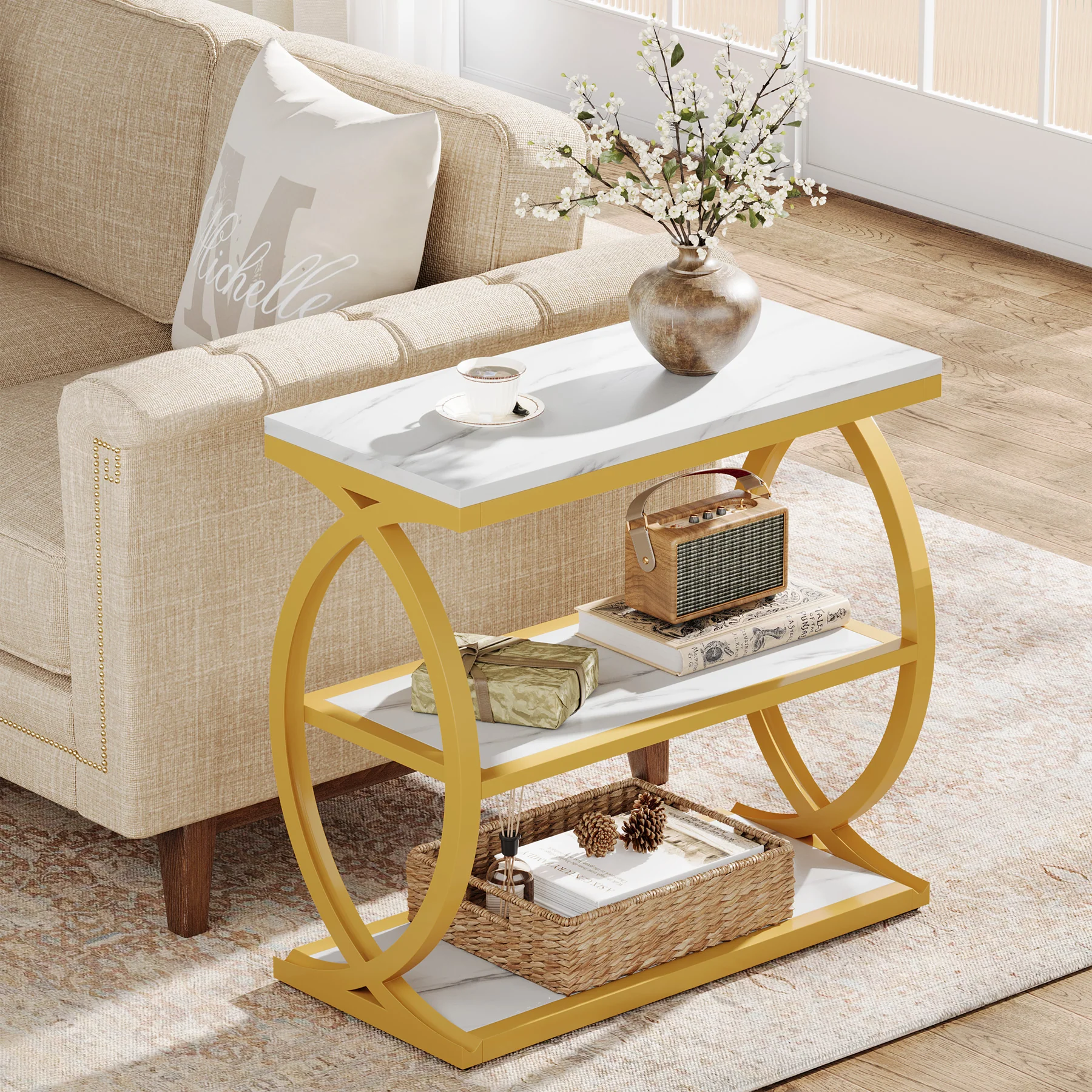23.6" End Table, Narrow 3-Tier Side Table with Oval Metal Frame - Image 10