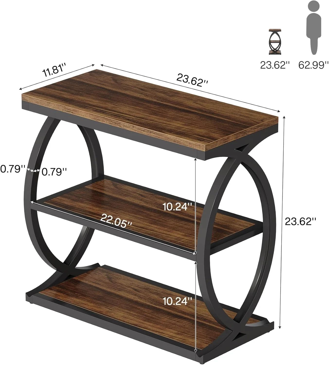 23.6" End Table, Narrow 3-Tier Side Table with Oval Metal Frame - Image 2