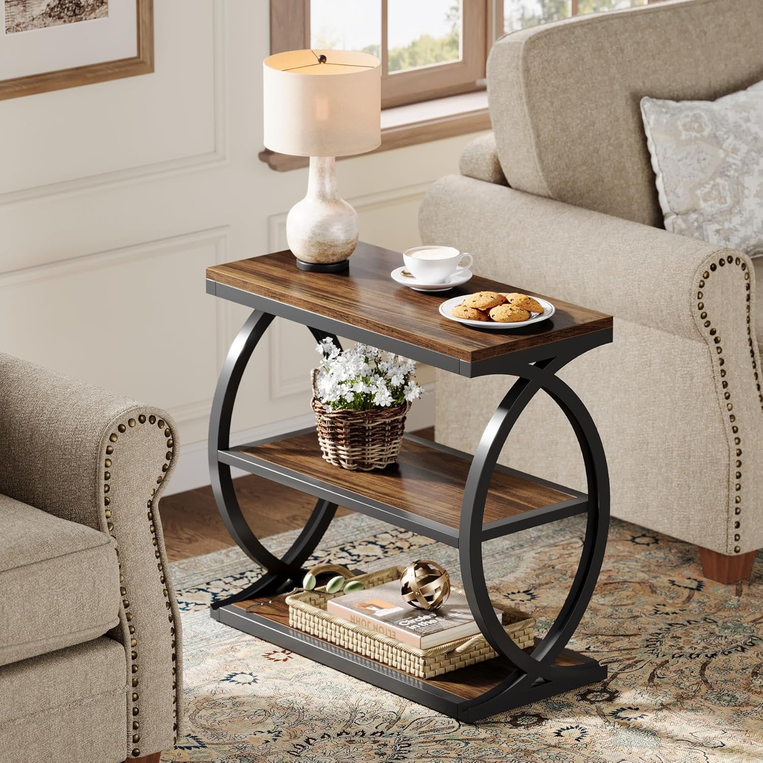 23.6" End Table, Narrow 3-Tier Side Table with Oval Metal Frame - Image 3