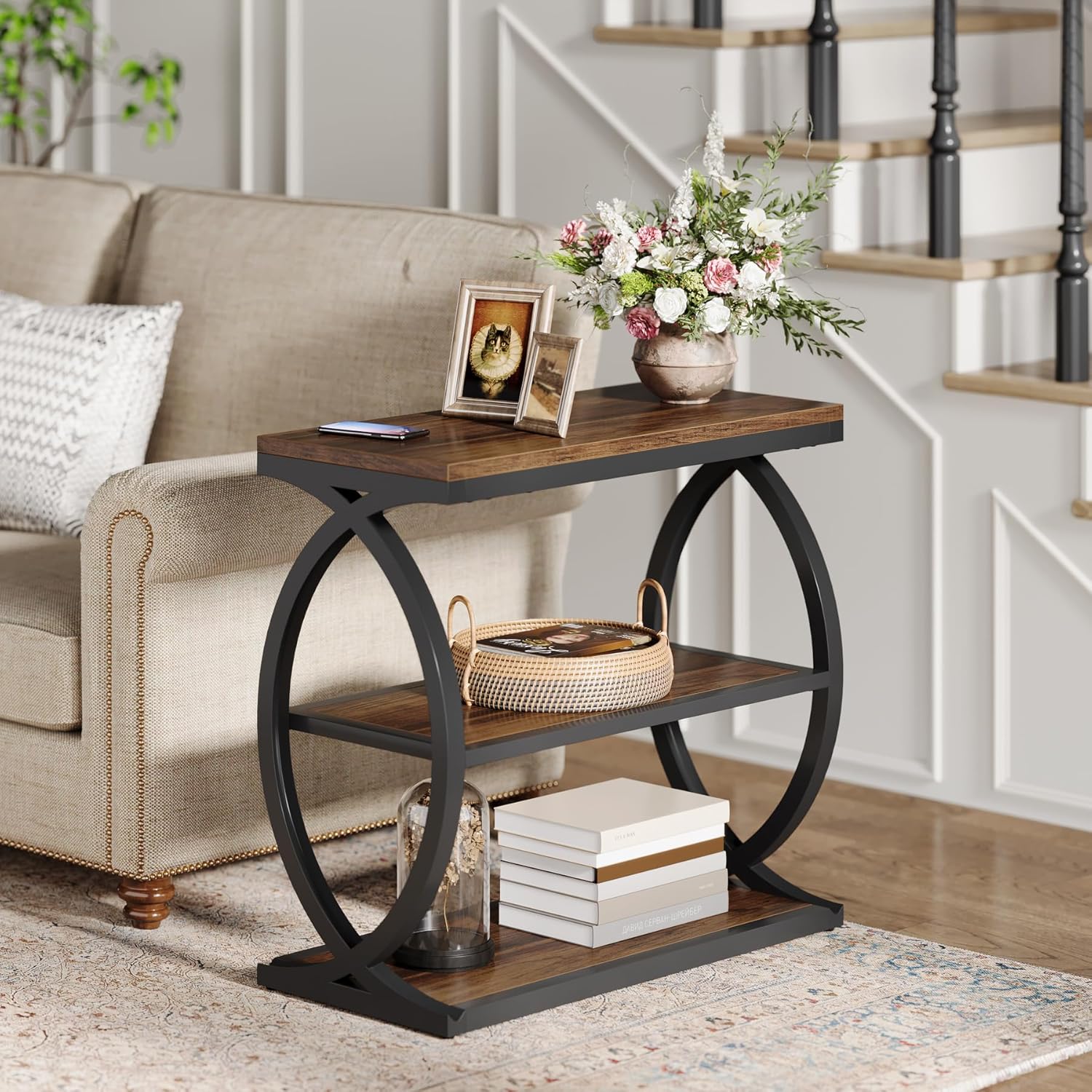 23.6" End Table, Narrow 3-Tier Side Table with Oval Metal Frame - Image 4