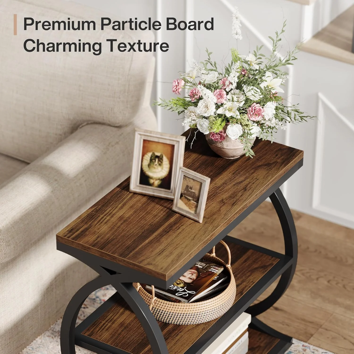 23.6" End Table, Narrow 3-Tier Side Table with Oval Metal Frame - Image 6