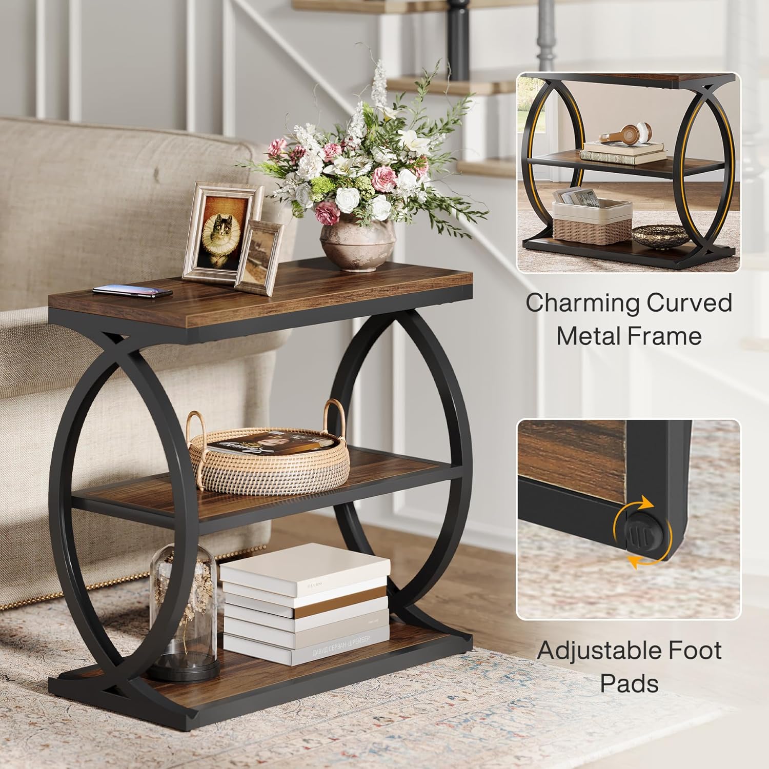 23.6" End Table, Narrow 3-Tier Side Table with Oval Metal Frame - Image 7