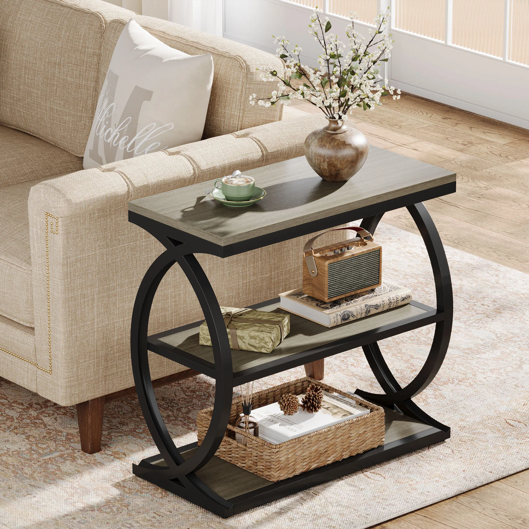 23.6" End Table, Narrow 3-Tier Side Table with Oval Metal Frame - Image 8