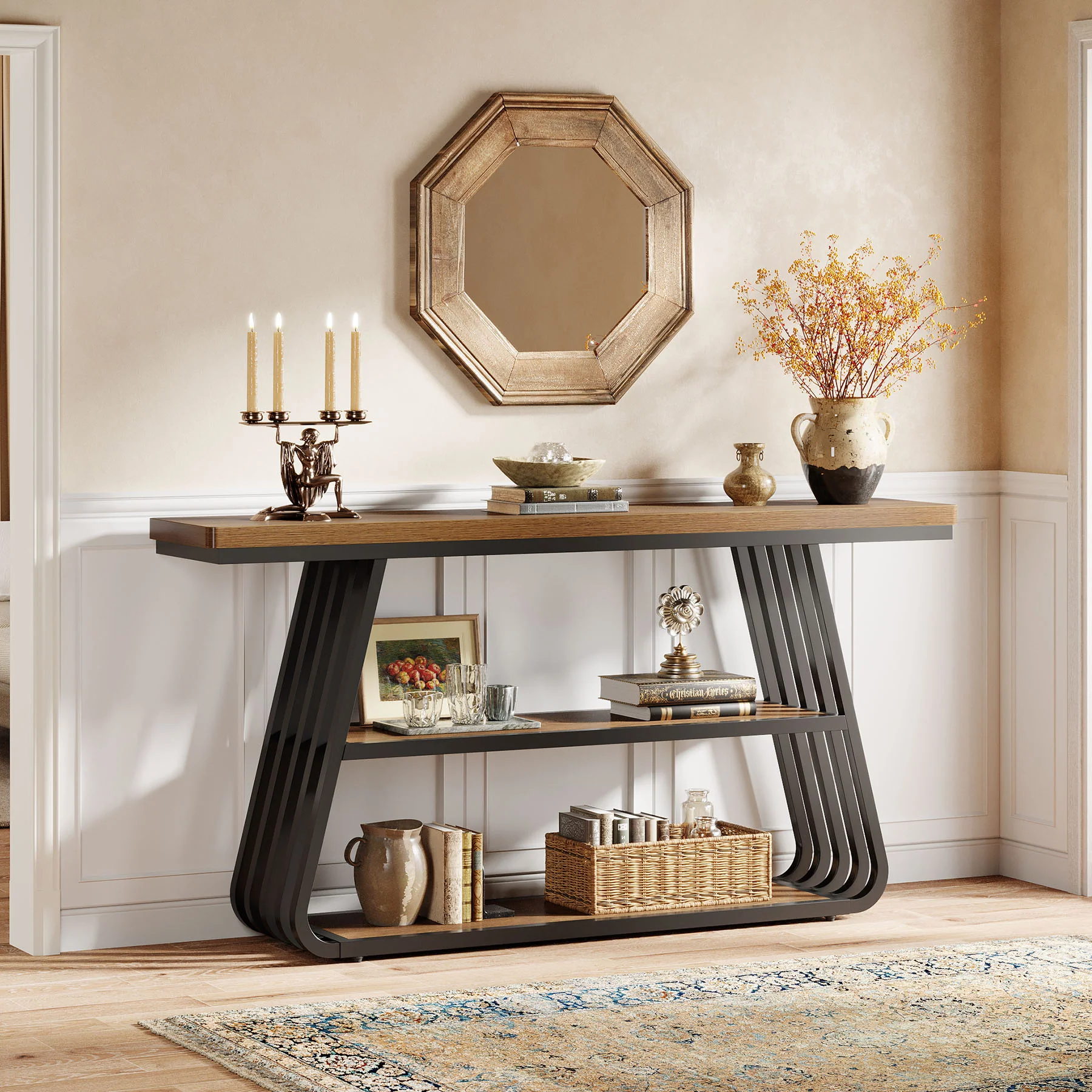 55" Console Table, 3-Tier Sofa Table With Iron Frame For Living Room - Image 4