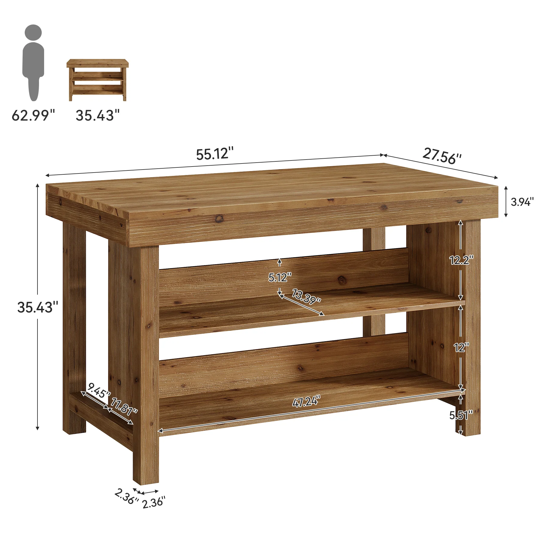 55" Farmhouse Bar Table, 3-Tier Solid Wood Bar Unit with Open Storage Shelves - Image 2