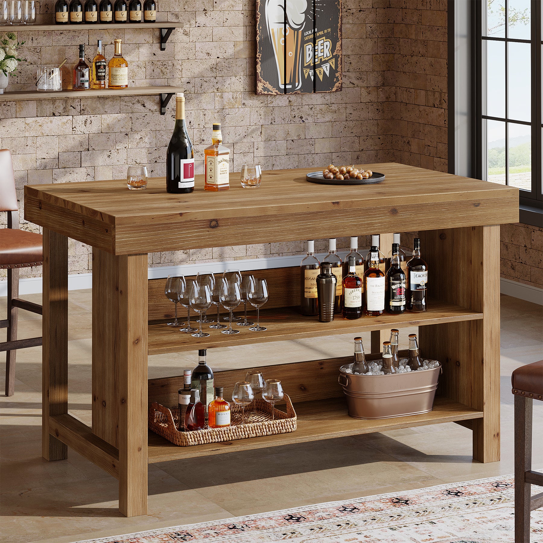 55" Farmhouse Bar Table, 3-Tier Solid Wood Bar Unit with Open Storage Shelves - Image 4
