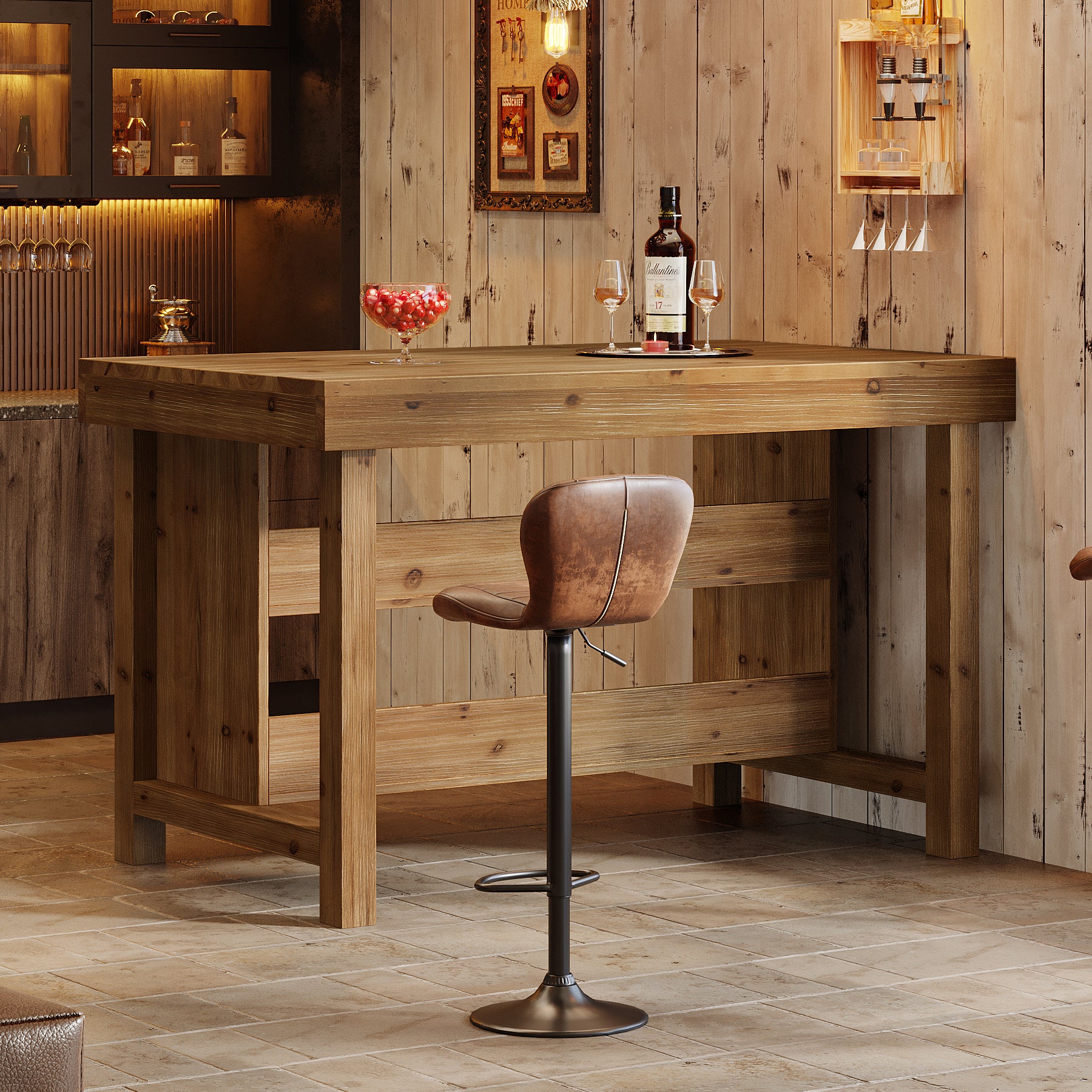 55" Farmhouse Bar Table, 3-Tier Solid Wood Bar Unit with Open Storage Shelves - Image 5