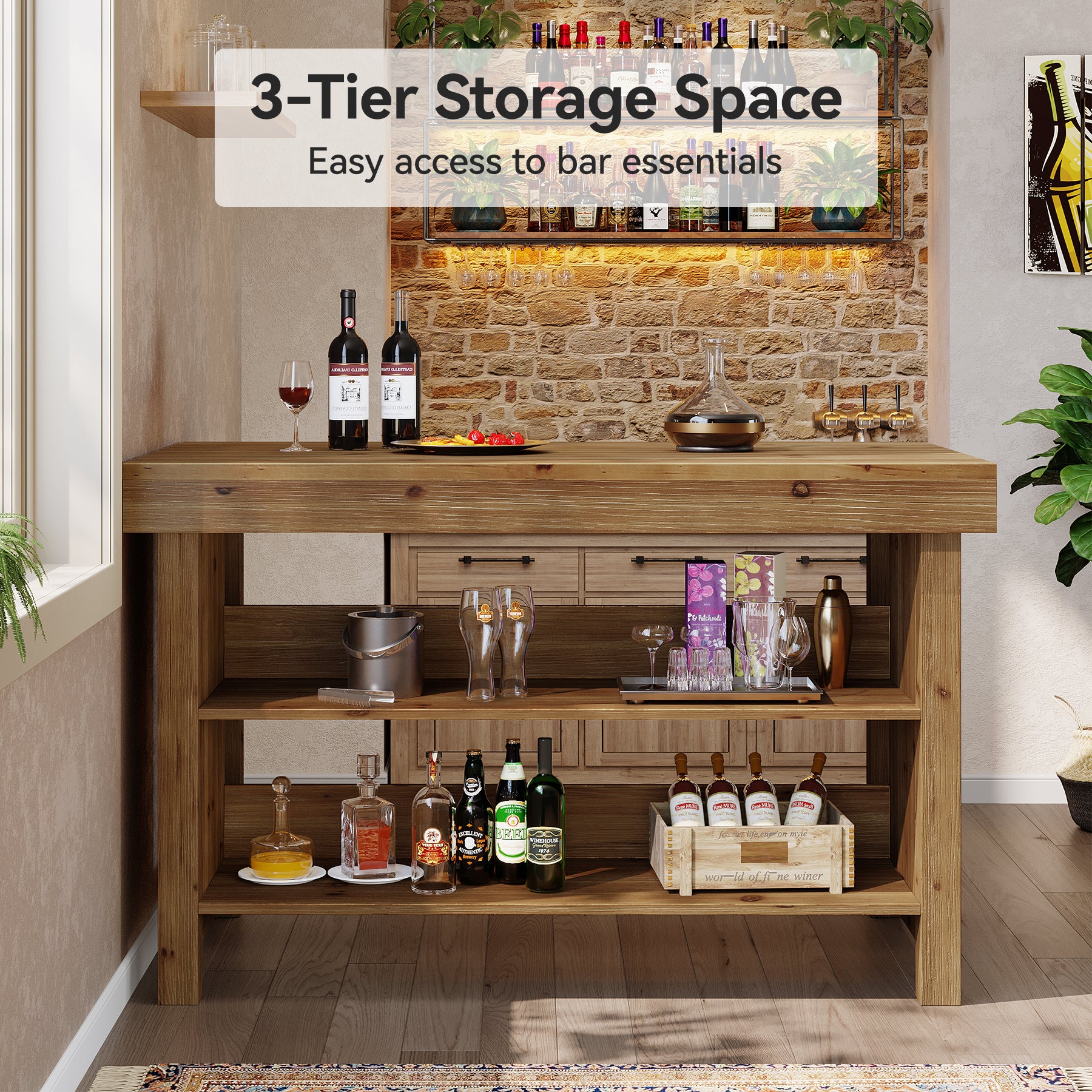 55" Farmhouse Bar Table, 3-Tier Solid Wood Bar Unit with Open Storage Shelves - Image 6
