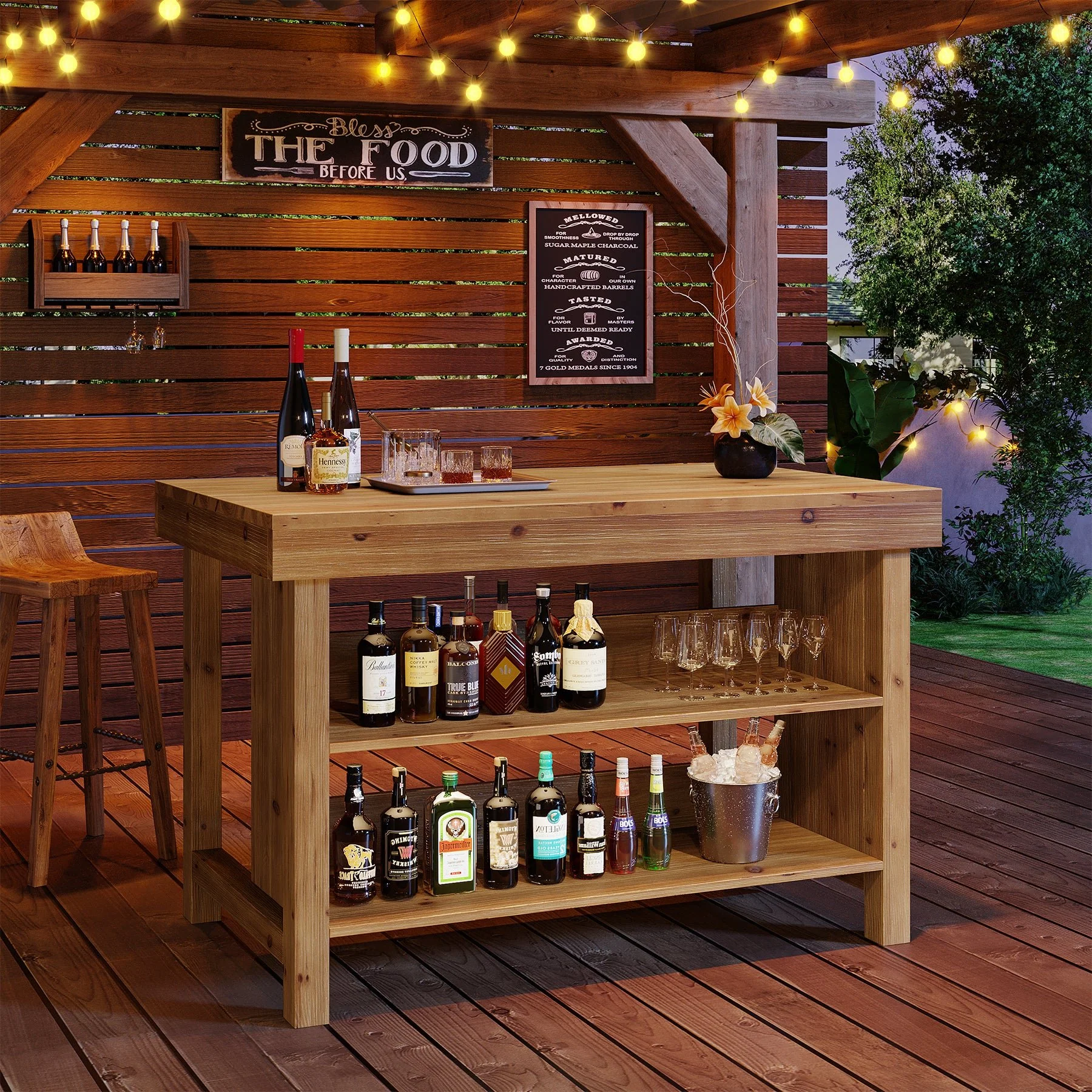 55" Farmhouse Bar Table, 3-Tier Solid Wood Bar Unit with Open Storage Shelves - Image 9