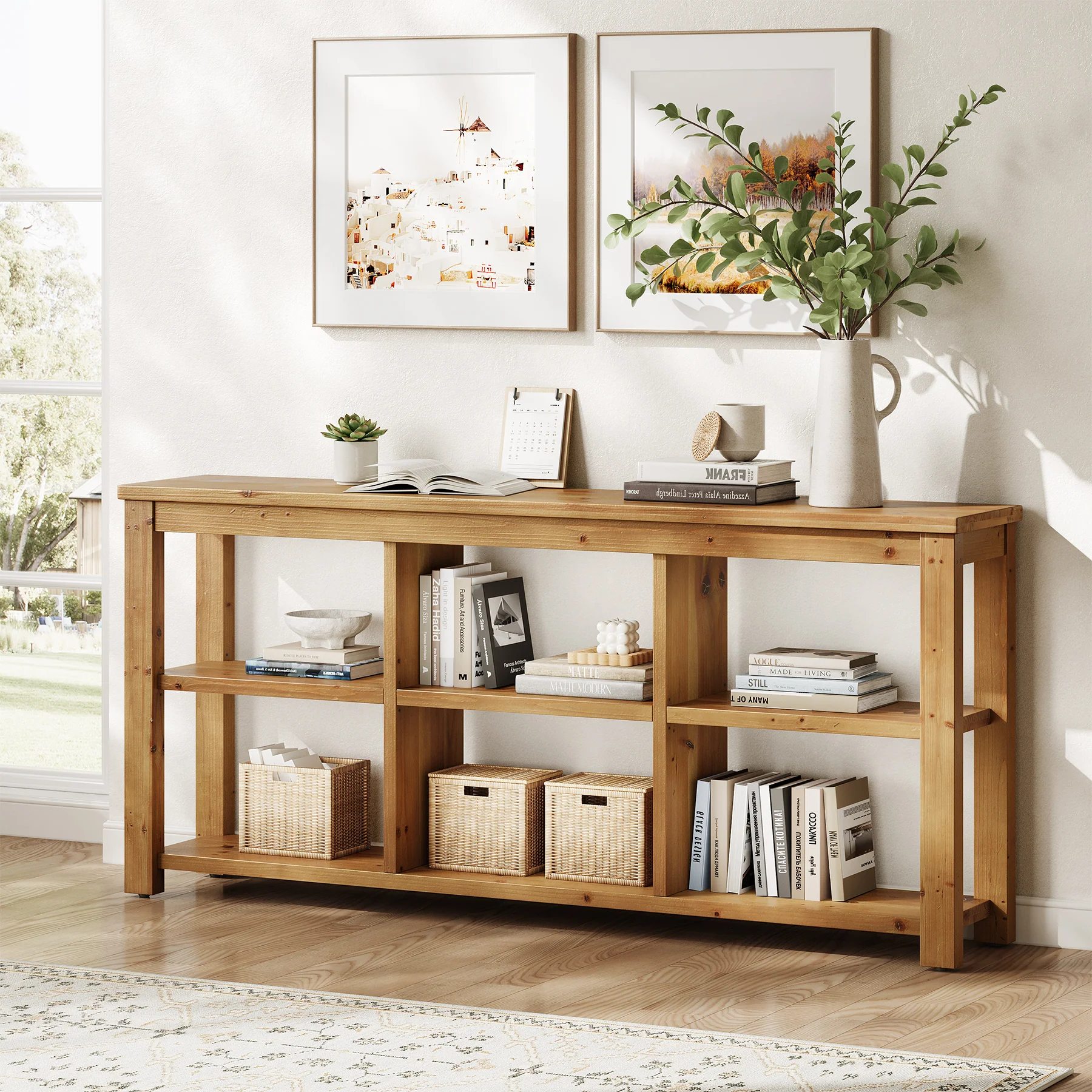 63" Console Table, 3-Tier Solid Wood Sofa Table with 6 Storage Cubes - Image 3