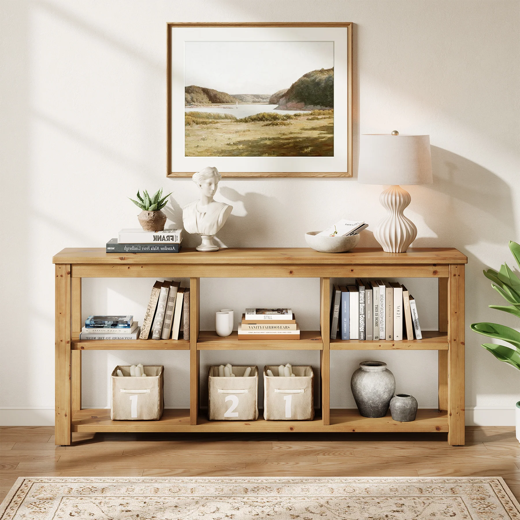 63" Console Table, 3-Tier Solid Wood Sofa Table with 6 Storage Cubes - Image 5
