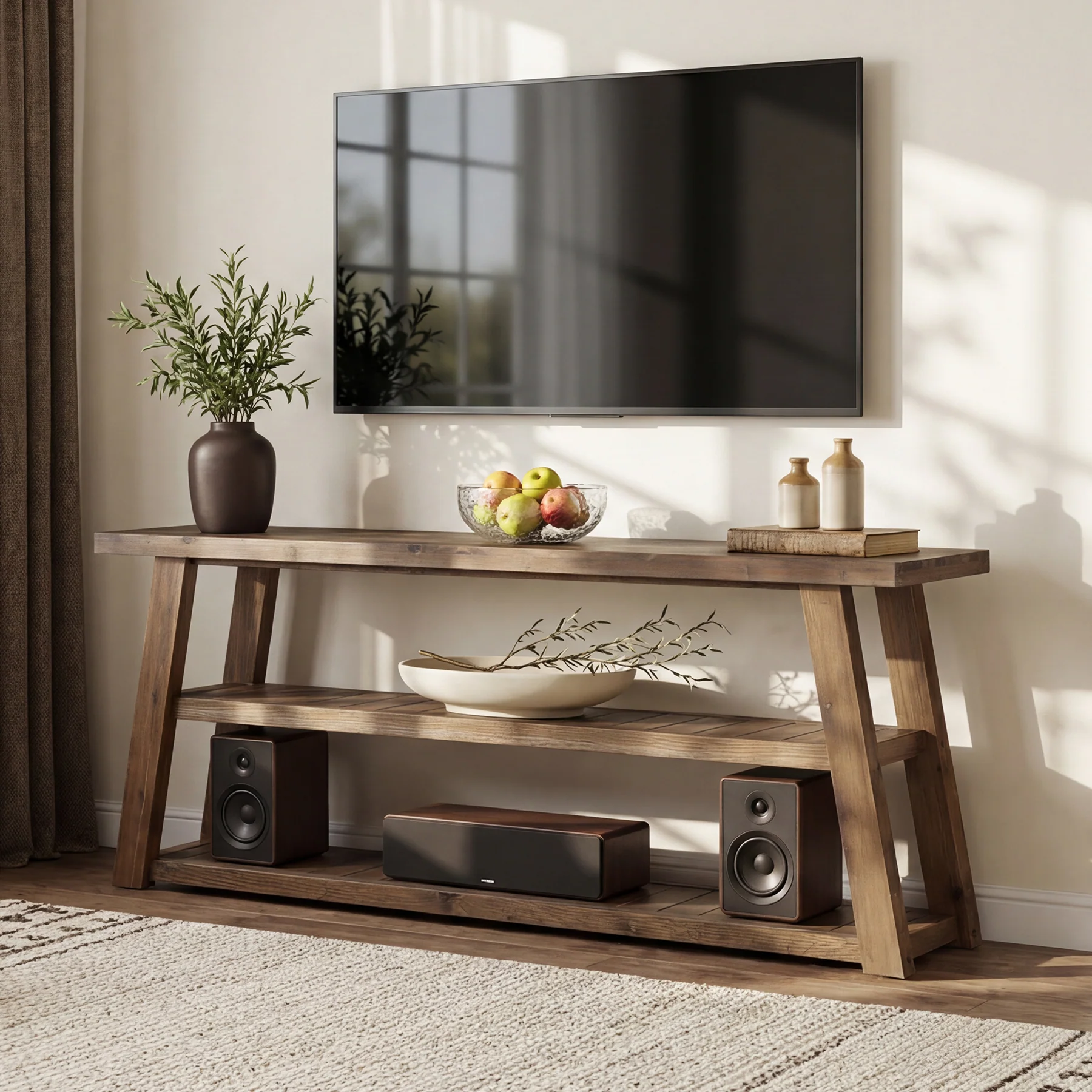 3-Tier Solid Wood TV Stand, 63" Entertainment Center with Open Shelves - Image 3