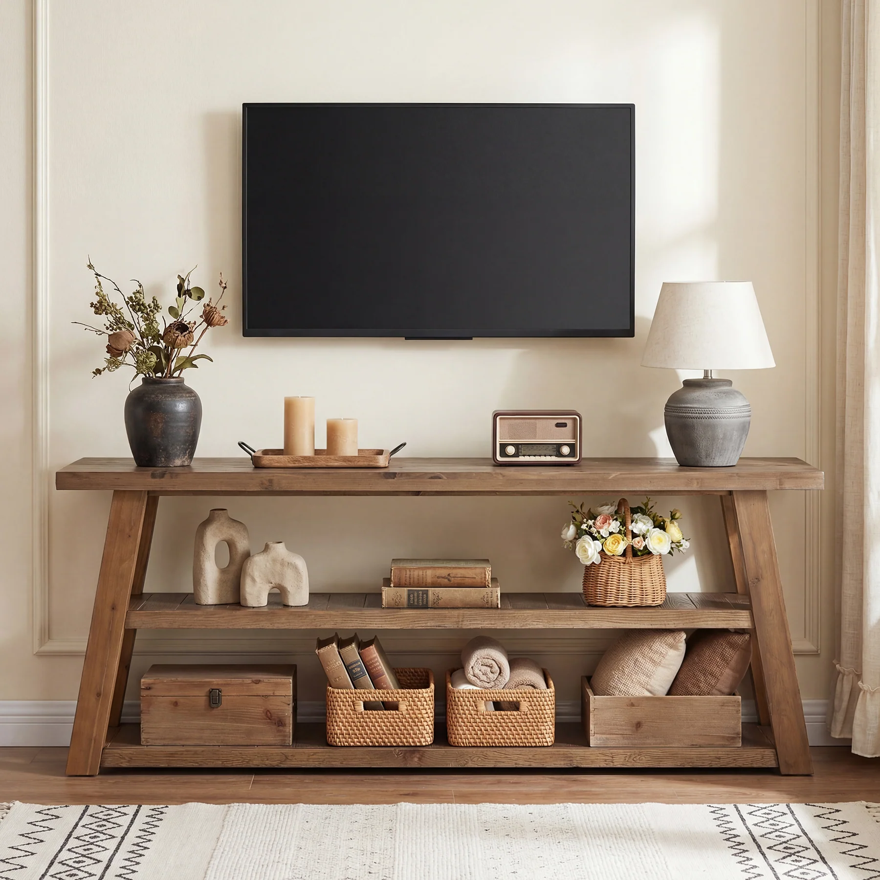 3-Tier Solid Wood TV Stand, 63" Entertainment Center with Open Shelves - Image 4