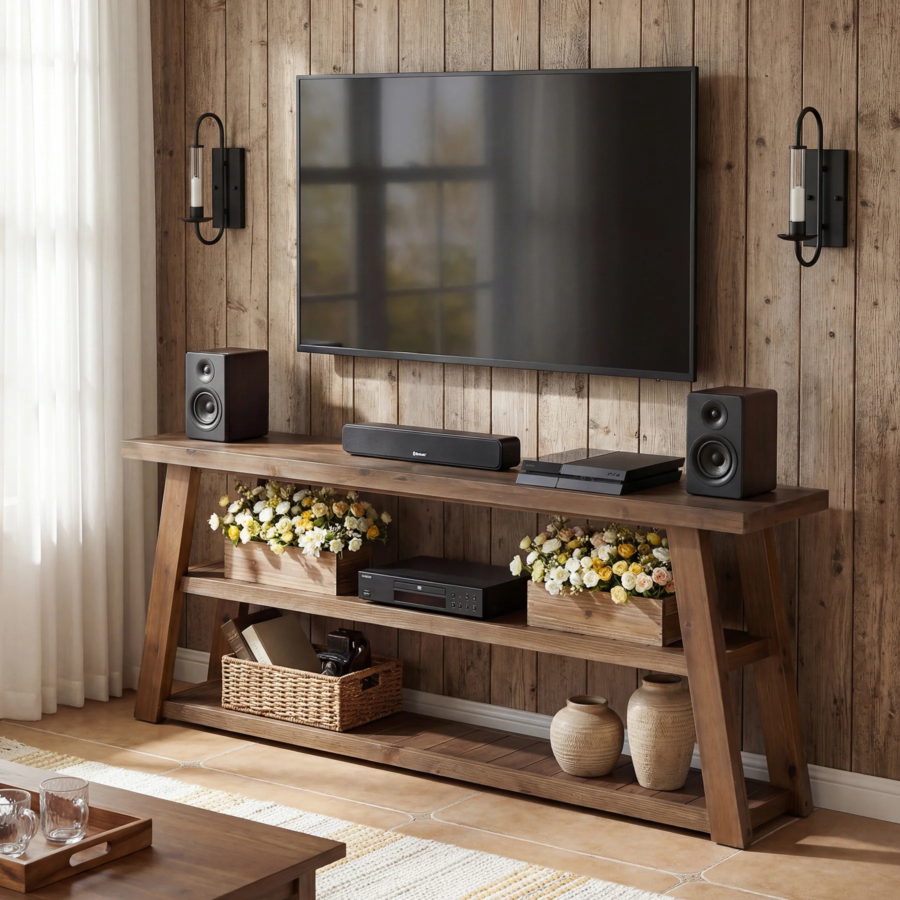3-Tier Solid Wood TV Stand, 63" Entertainment Center with Open Shelves - Image 5