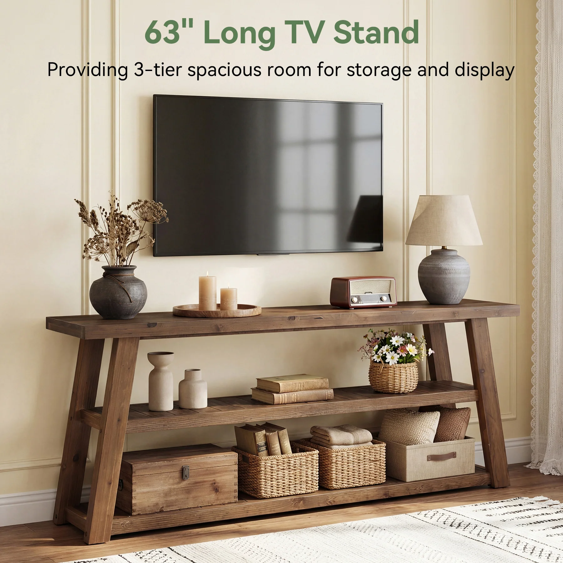 3-Tier Solid Wood TV Stand, 63" Entertainment Center with Open Shelves - Image 7