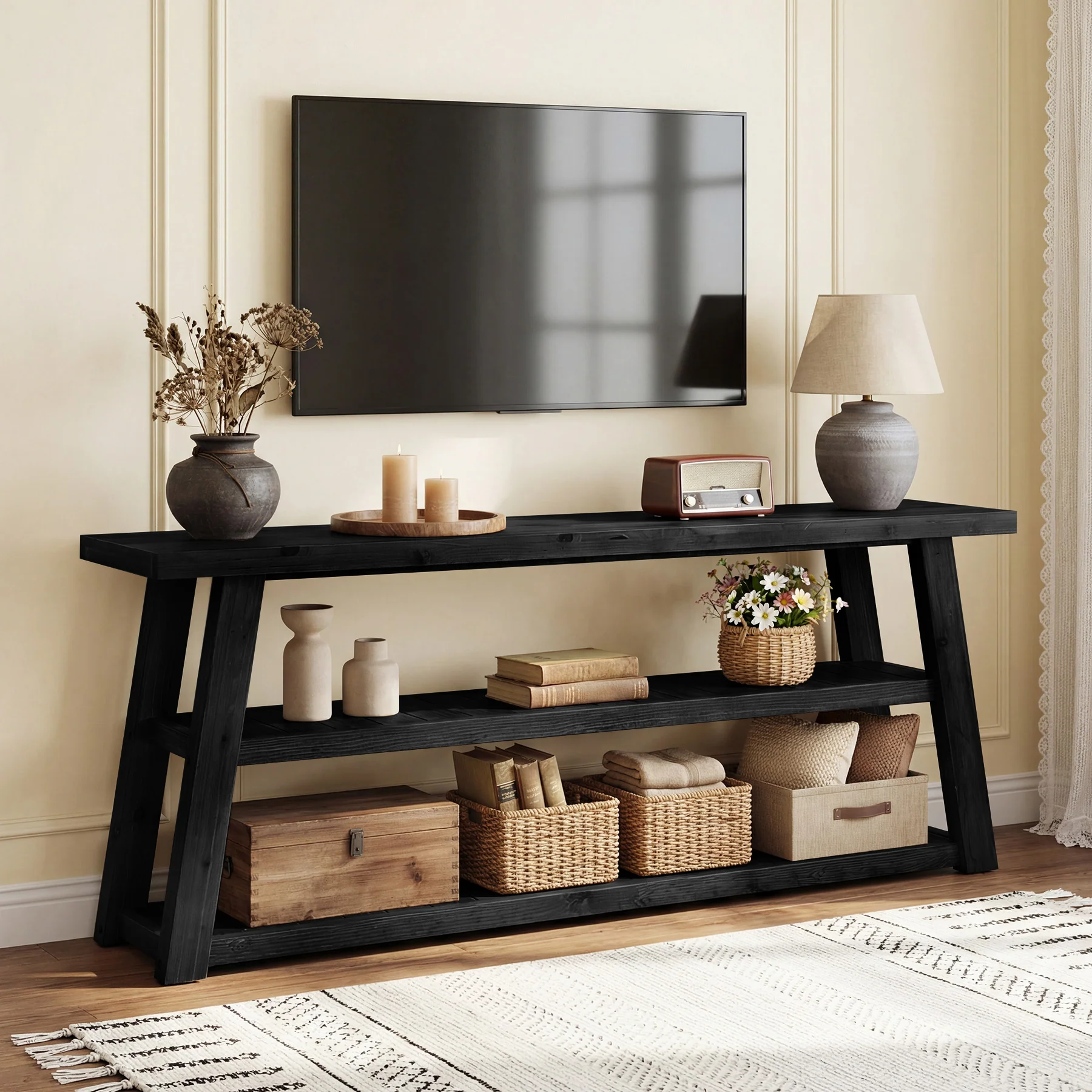 3-Tier Solid Wood TV Stand, 63" Entertainment Center with Open Shelves - Image 9
