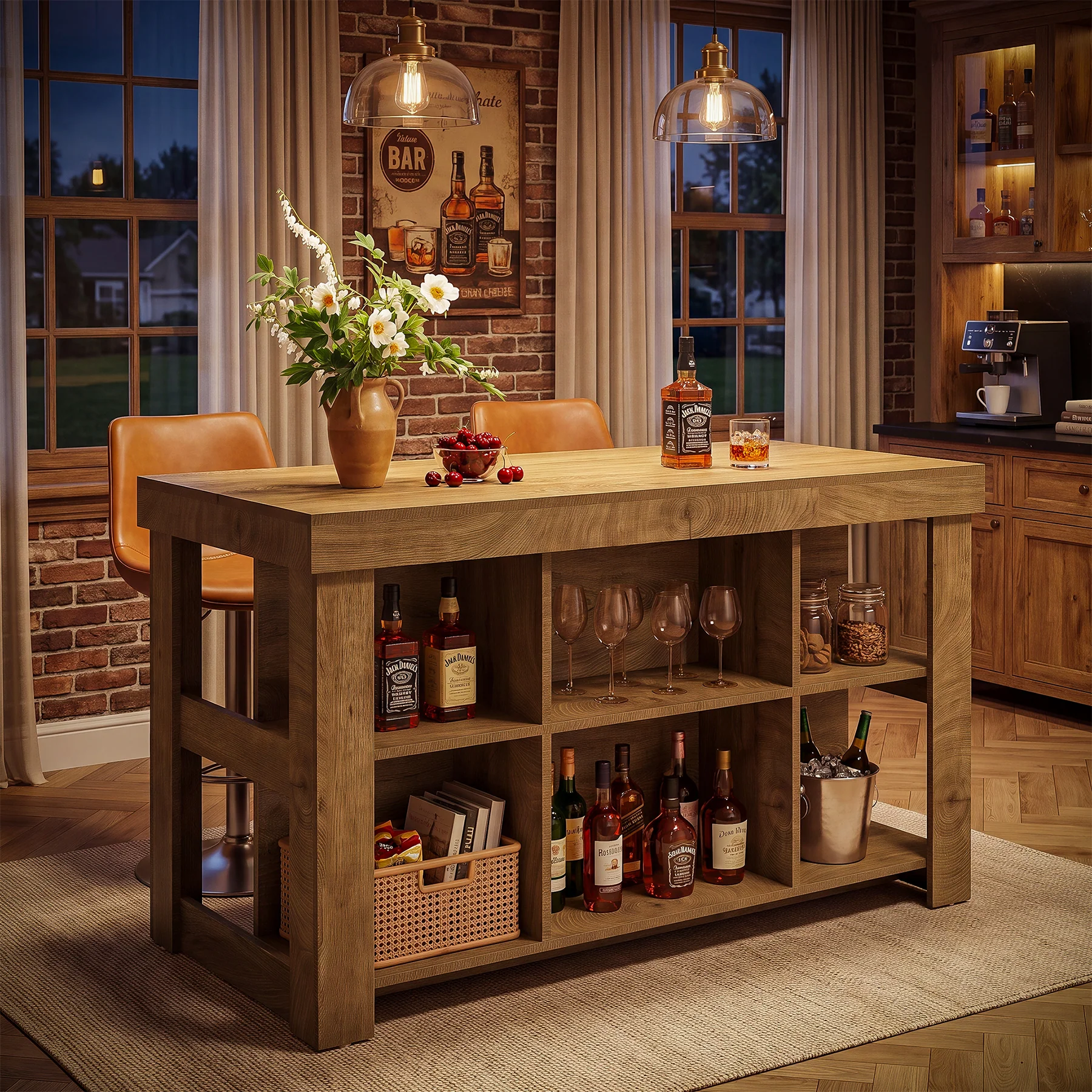 55" Kitchen Island, Farmhouse 3-Tier Stationary Island Table with 6 Storage Cubbies - Image 4