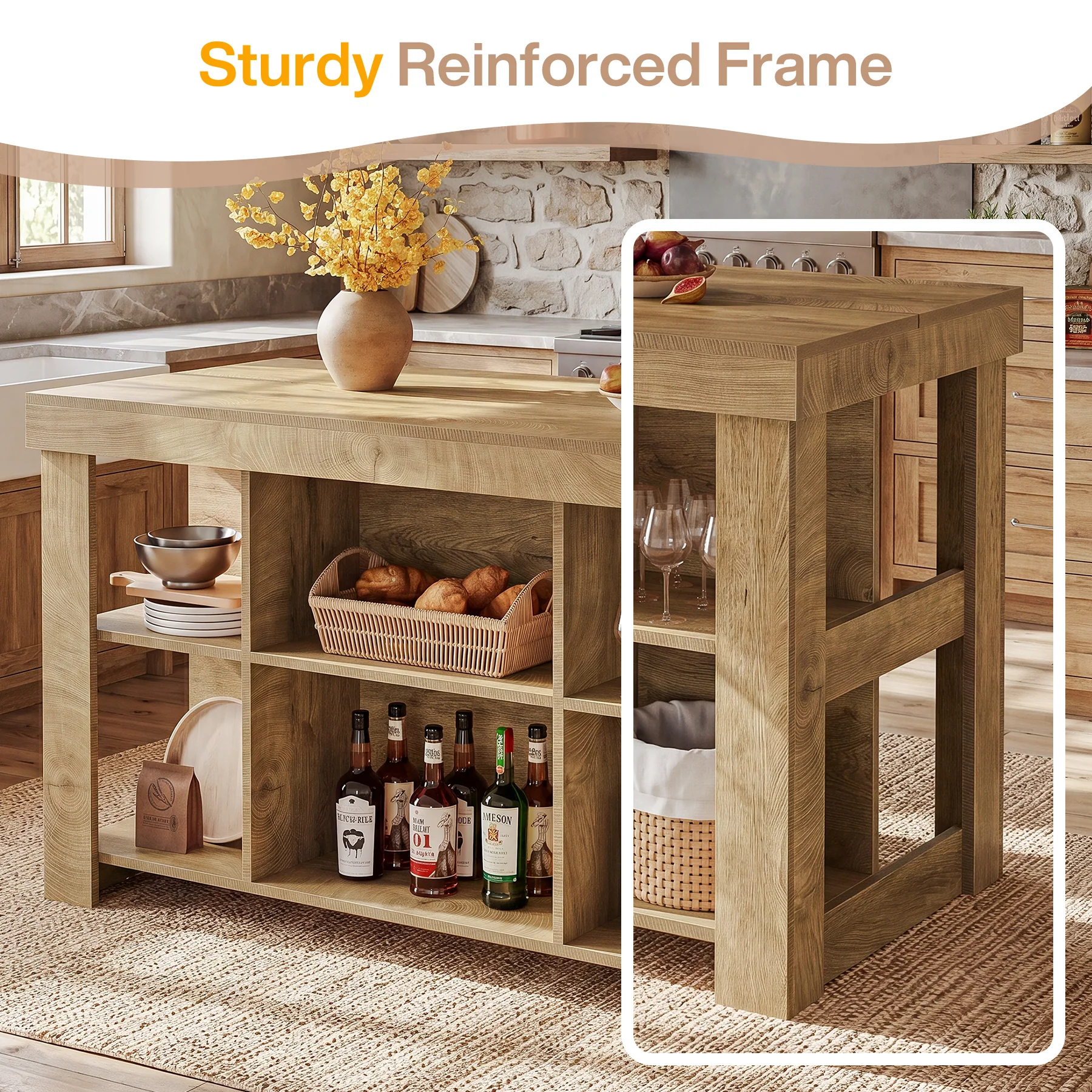55" Kitchen Island, Farmhouse 3-Tier Stationary Island Table with 6 Storage Cubbies - Image 7