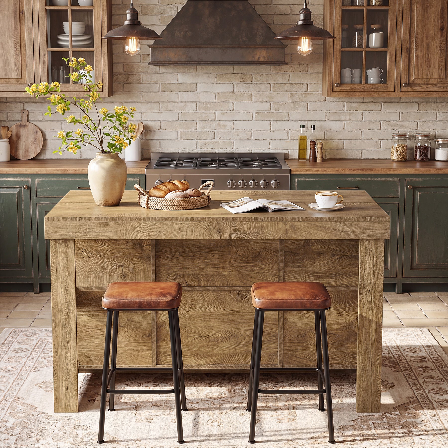 55" Kitchen Island, Farmhouse 3-Tier Stationary Island Table with 6 Storage Cubbies - Image 8