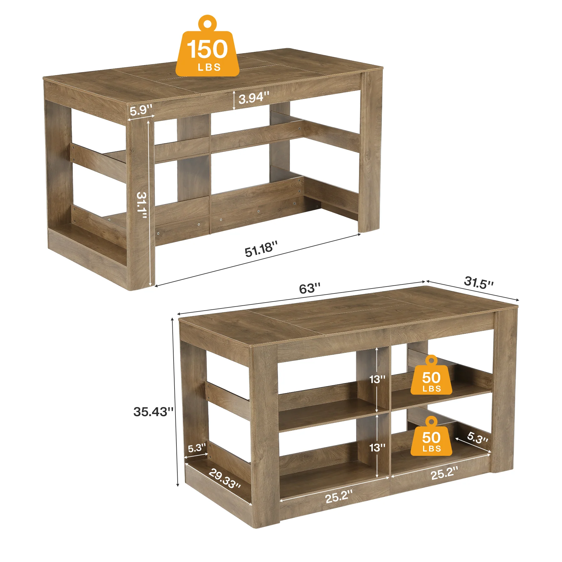 63" Farmhouse Kitchen Island, 3-Tier Stationary Island Table Coffee Bar Table with Large Worktop - Image 2