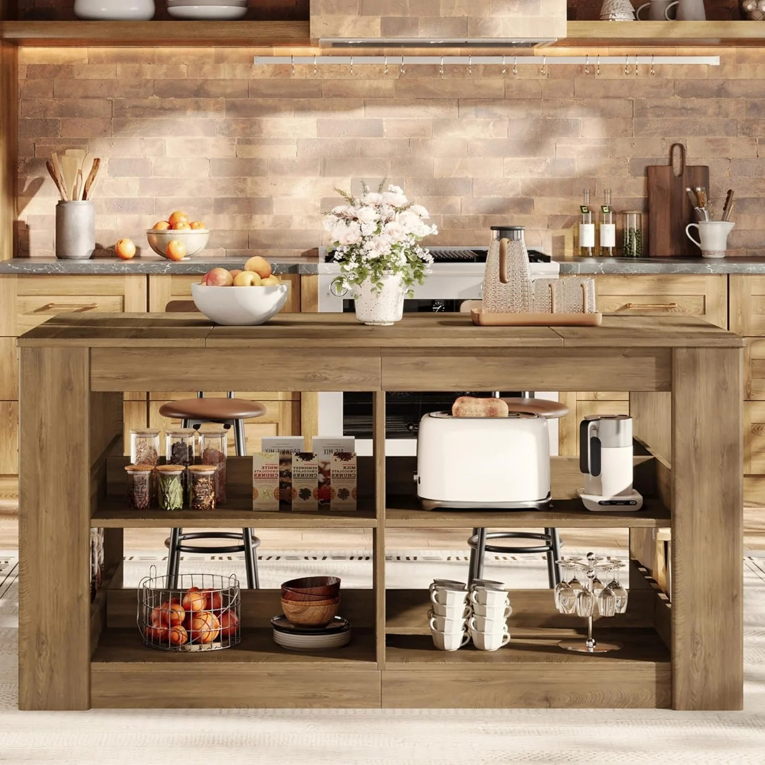 63" Farmhouse Kitchen Island, 3-Tier Stationary Island Table Coffee Bar Table with Large Worktop - Image 3