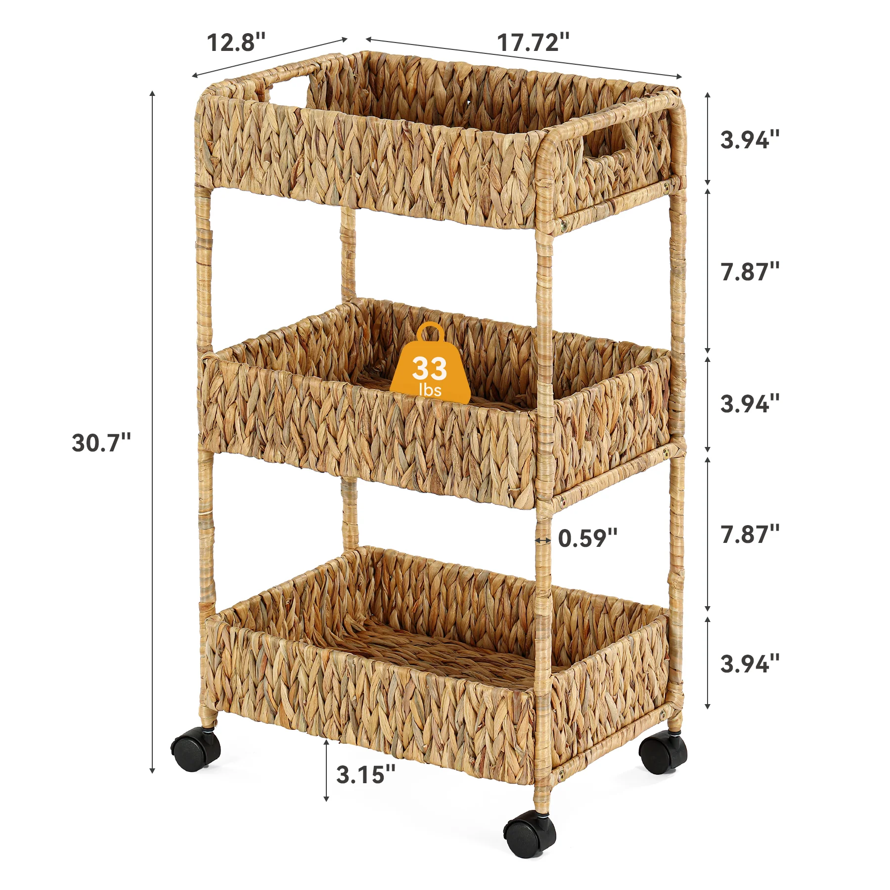 3-Tier Water Hyacinth Rolling Cart, Utility Storage Cart with Wheels for Bathroom Kitchen - Image 2