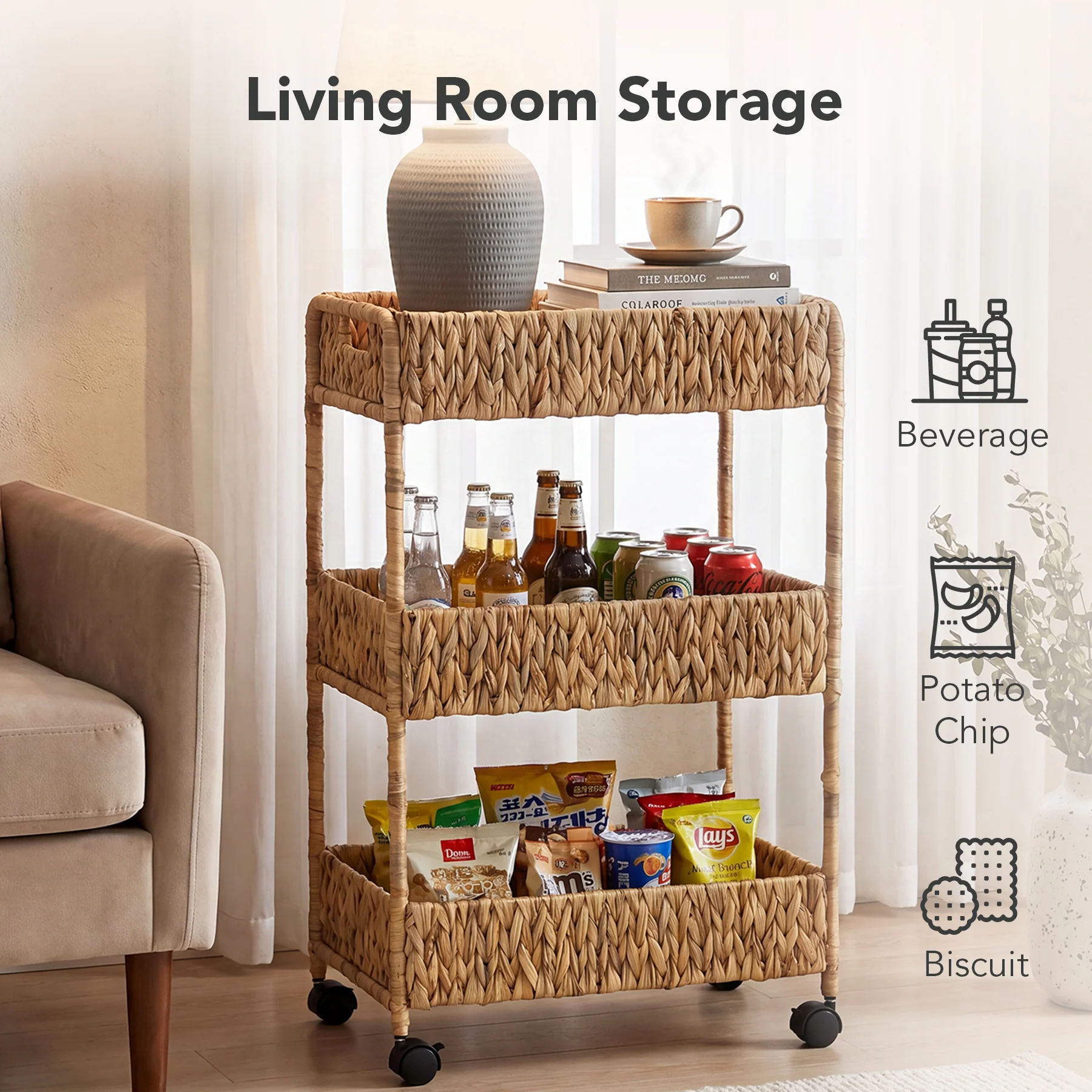 3-Tier Water Hyacinth Rolling Cart, Utility Storage Cart with Wheels for Bathroom Kitchen - Image 3