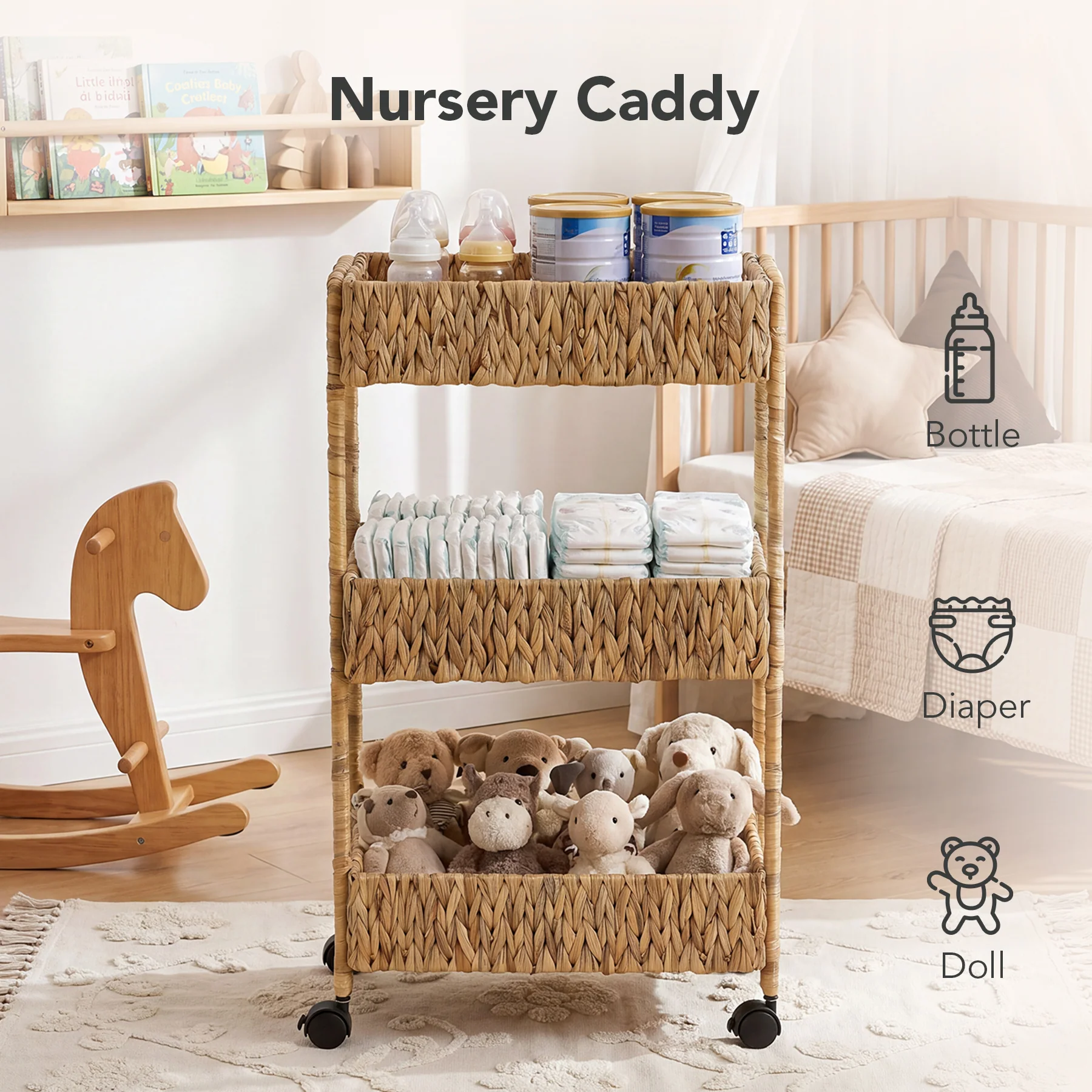 3-Tier Water Hyacinth Rolling Cart, Utility Storage Cart with Wheels for Bathroom Kitchen - Image 4