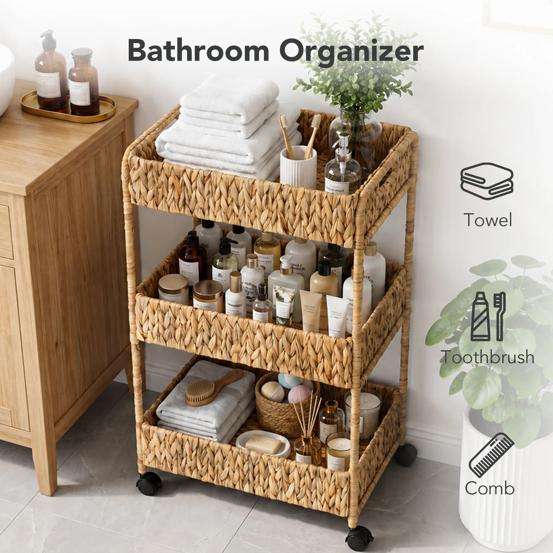 3-Tier Water Hyacinth Rolling Cart, Utility Storage Cart with Wheels for Bathroom Kitchen - Image 5