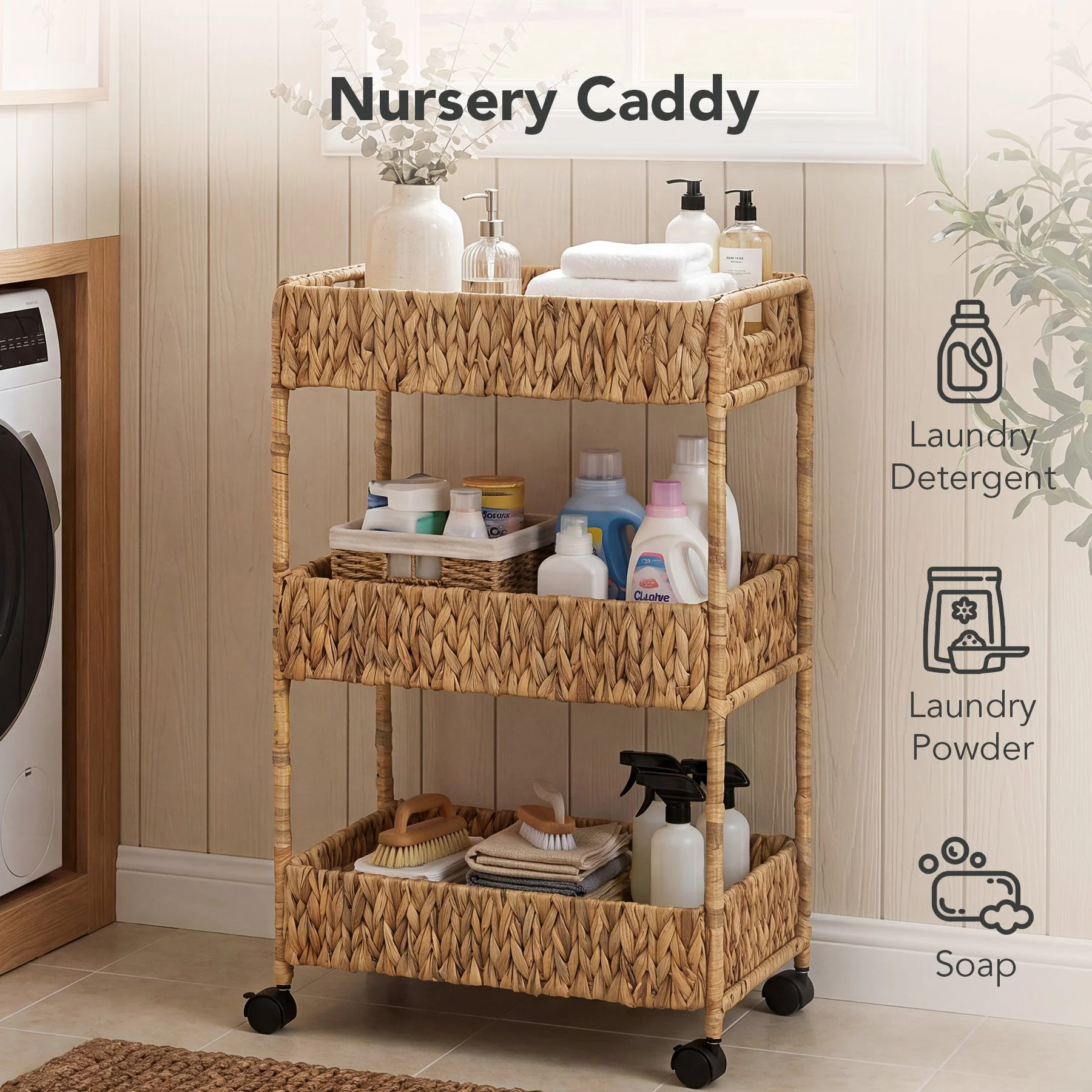 3-Tier Water Hyacinth Rolling Cart, Utility Storage Cart with Wheels for Bathroom Kitchen - Image 6