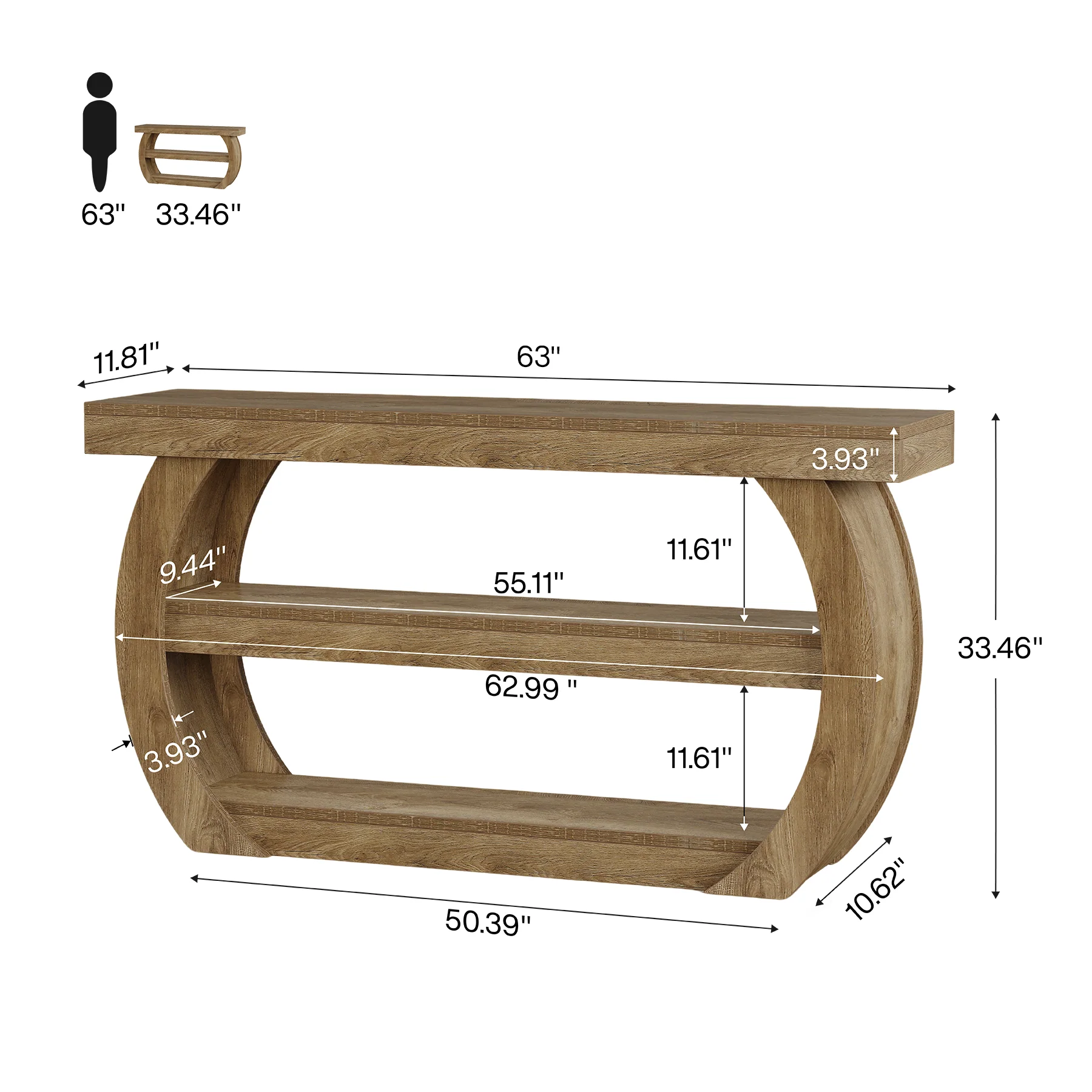 63" Farmhouse Console Table, 3-Tier Wooden Entryway Table Sofa Console - Image 2