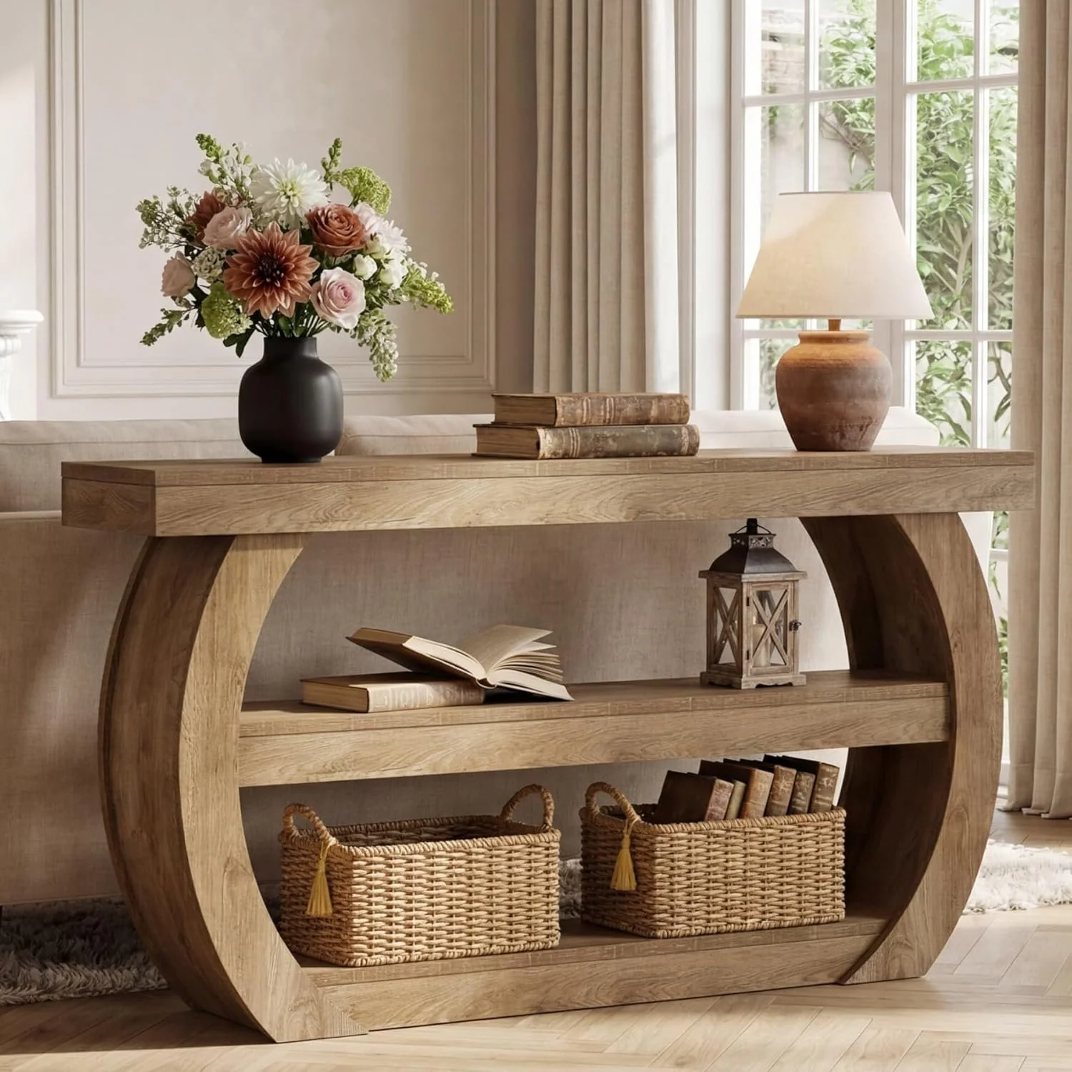 63" Farmhouse Console Table, 3-Tier Wooden Entryway Table Sofa Console - Image 3