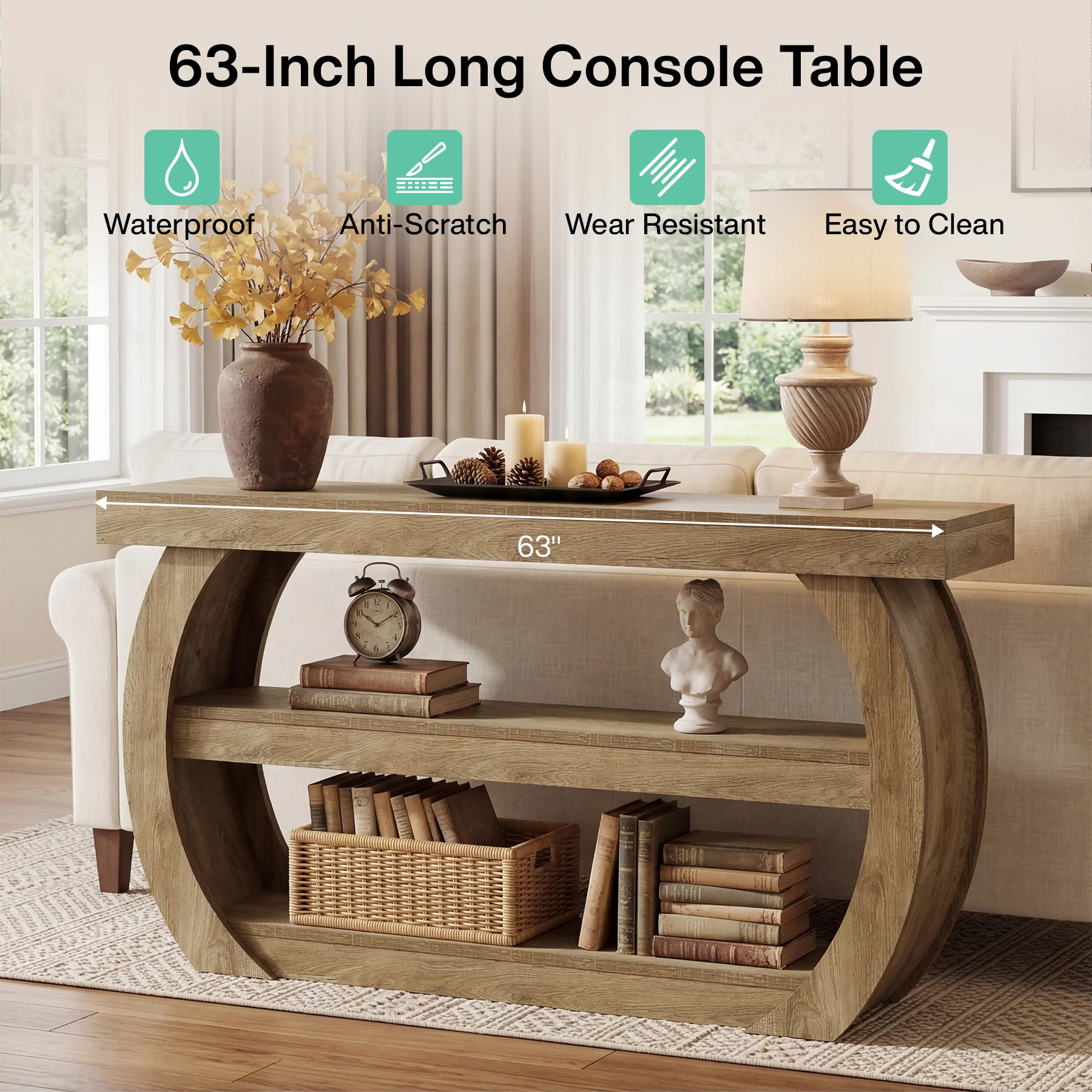 63" Farmhouse Console Table, 3-Tier Wooden Entryway Table Sofa Console - Image 6