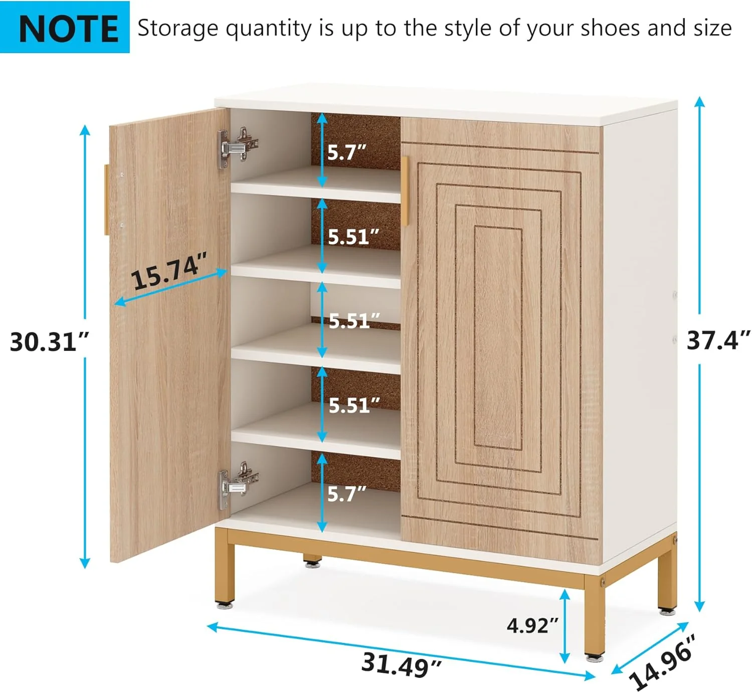 31.49" Shoe Cabinet with Doors for 20 Pairs, 5 Tier Modern Freestanding Shoe Storage Organizer - Image 17