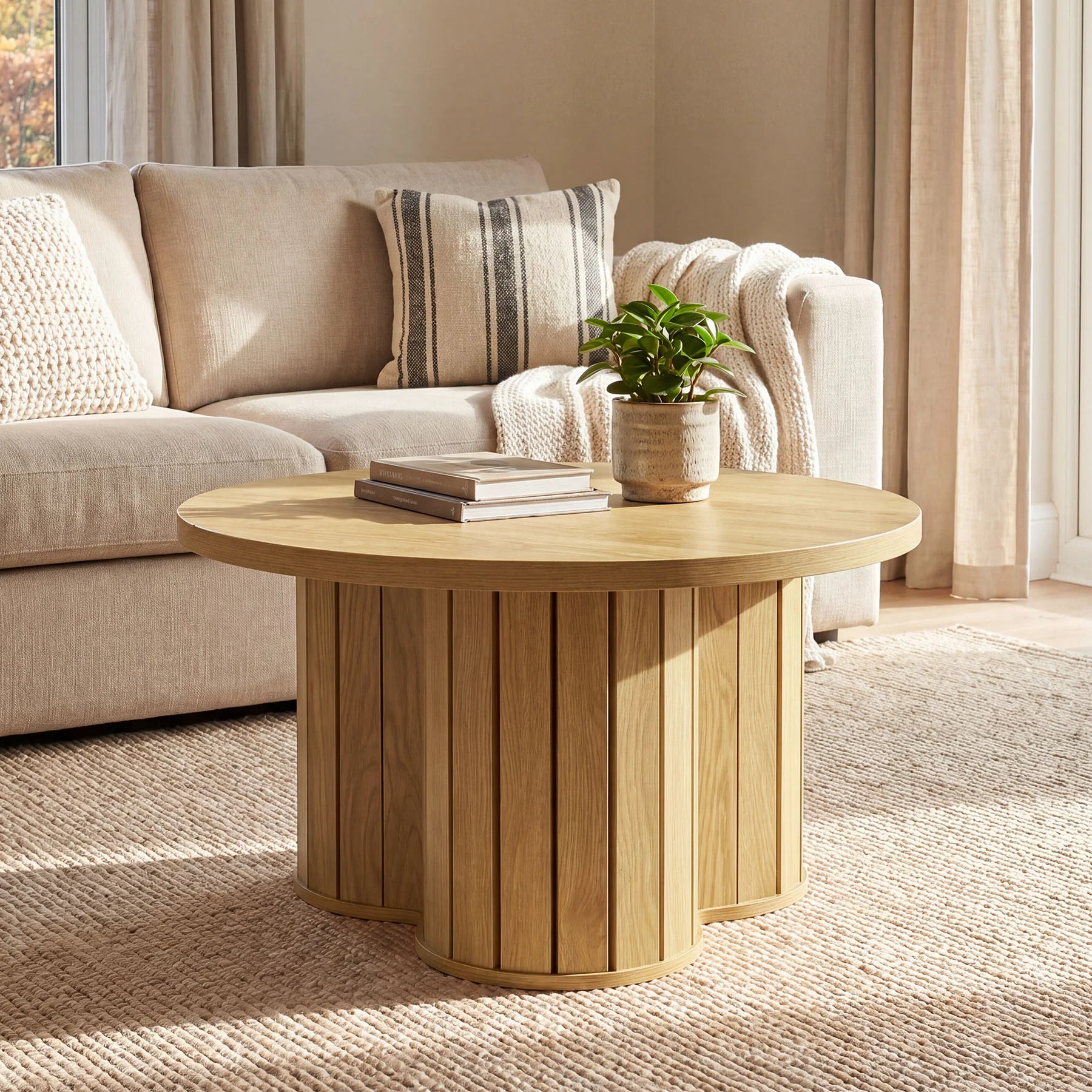 31.5" Circle Coffee Table, Small Accent Center Table with Three-lobed Grille Base for Living Room - Image 3