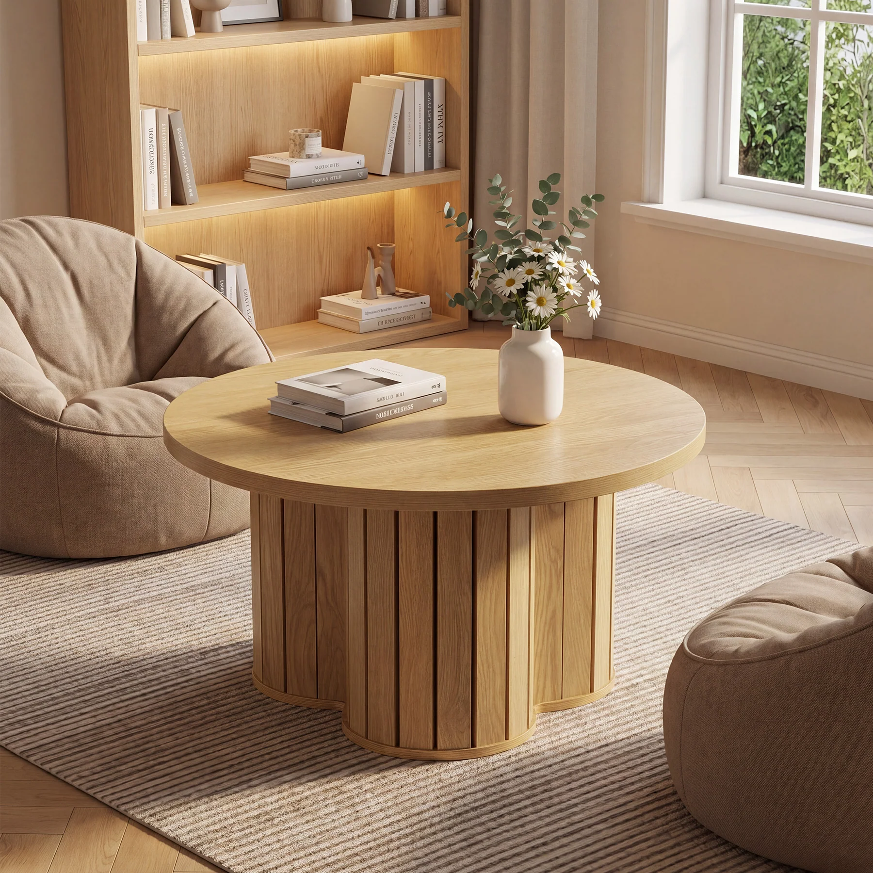 31.5" Circle Coffee Table, Small Accent Center Table with Three-lobed Grille Base for Living Room - Image 4