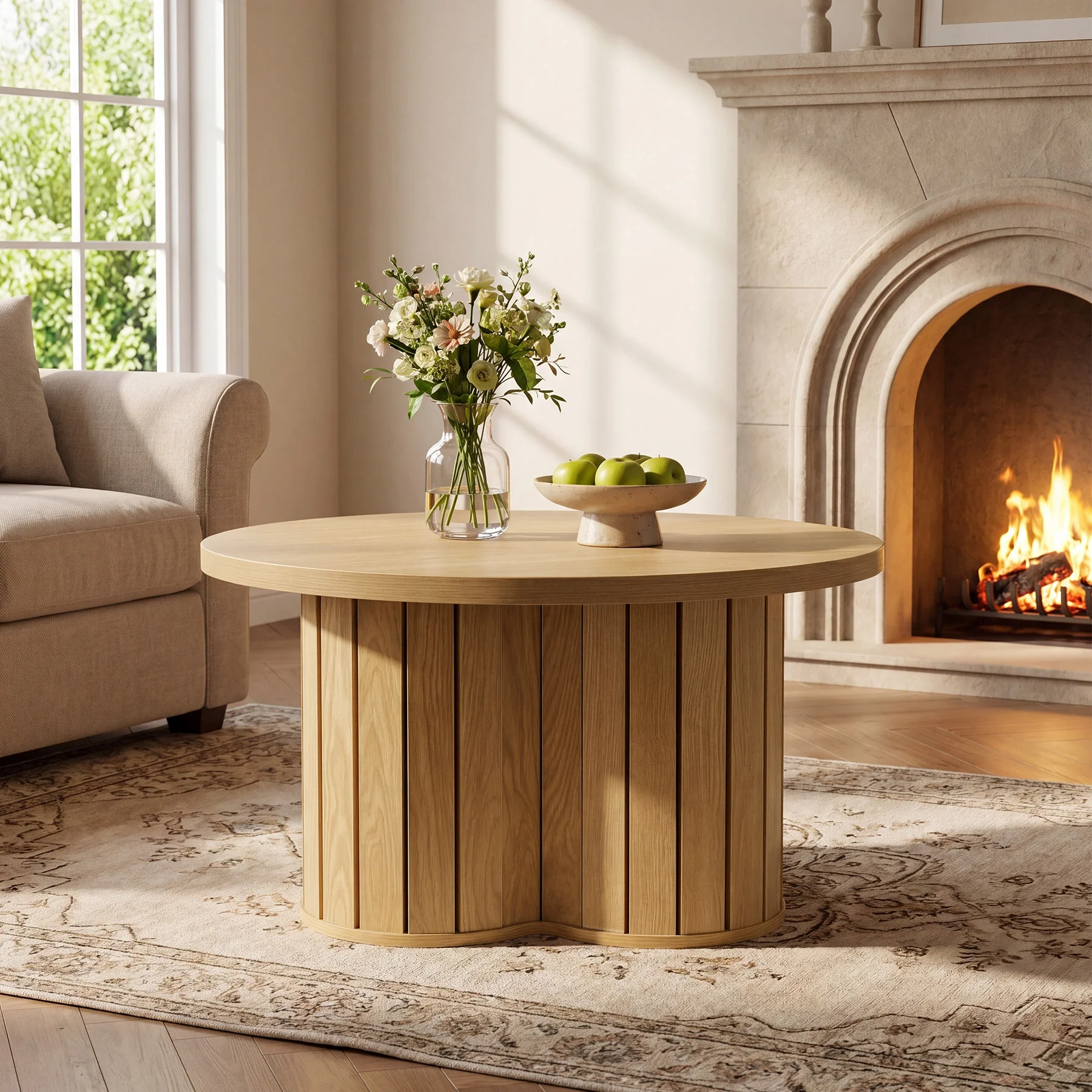 31.5" Circle Coffee Table, Small Accent Center Table with Three-lobed Grille Base for Living Room - Image 5