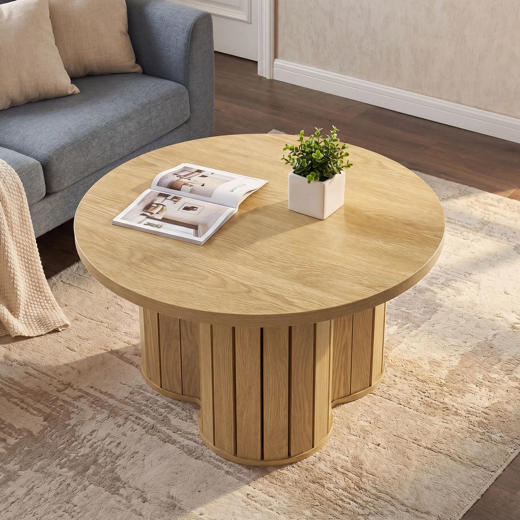 31.5" Circle Coffee Table, Small Accent Center Table with Three-lobed Grille Base for Living Room - Image 6