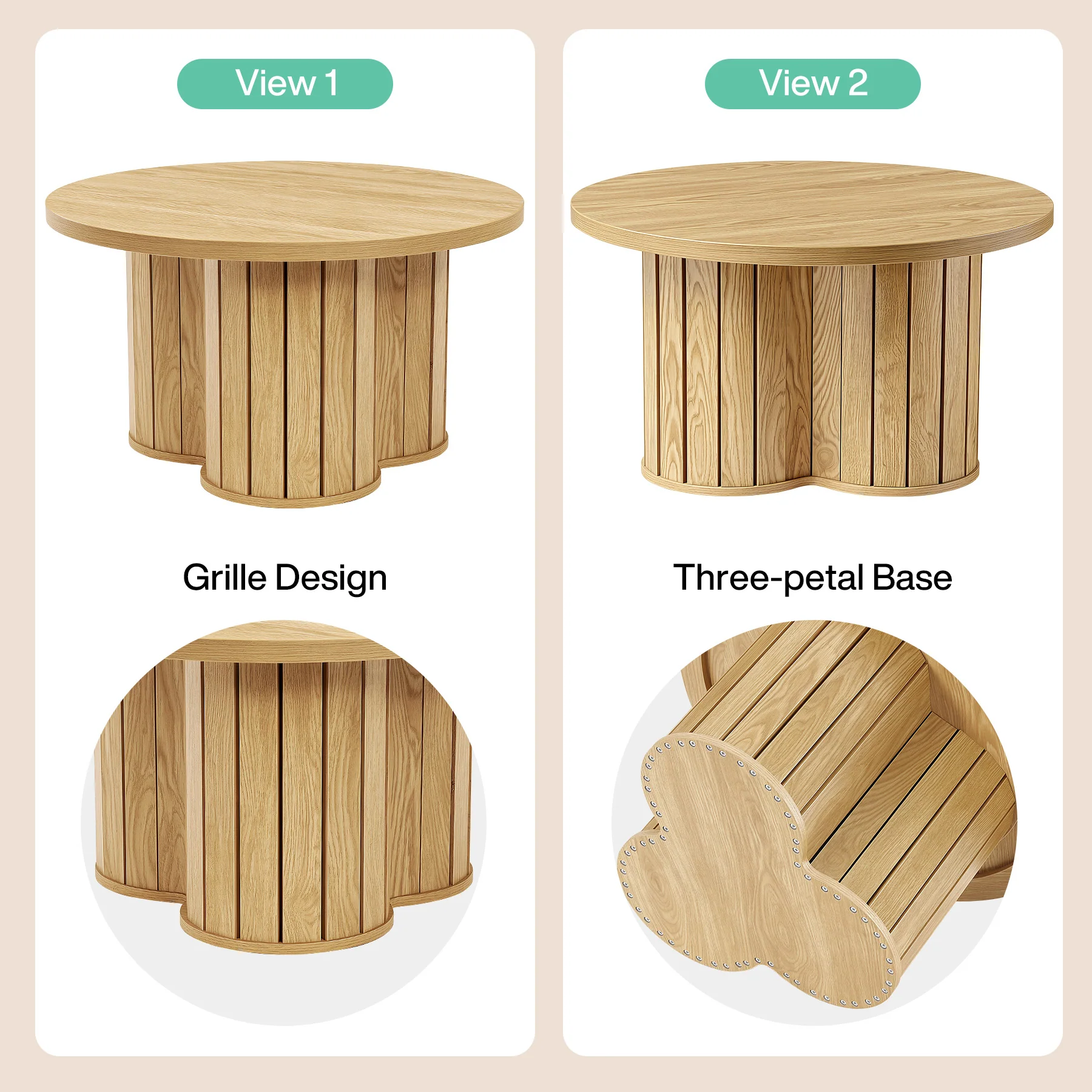 31.5" Circle Coffee Table, Small Accent Center Table with Three-lobed Grille Base for Living Room - Image 8