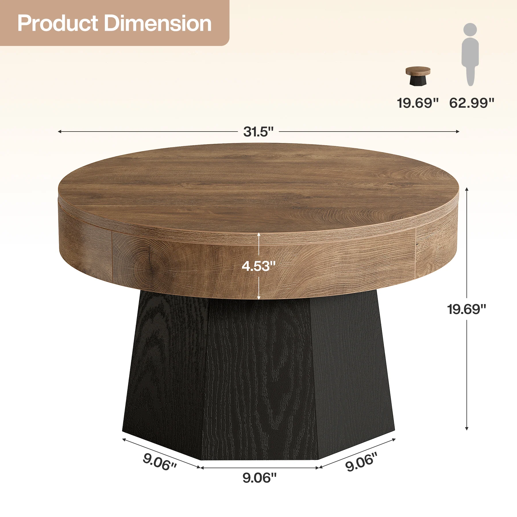 31.5" Round Coffee Table, octagonal base Tea Table for Living Room - Image 2