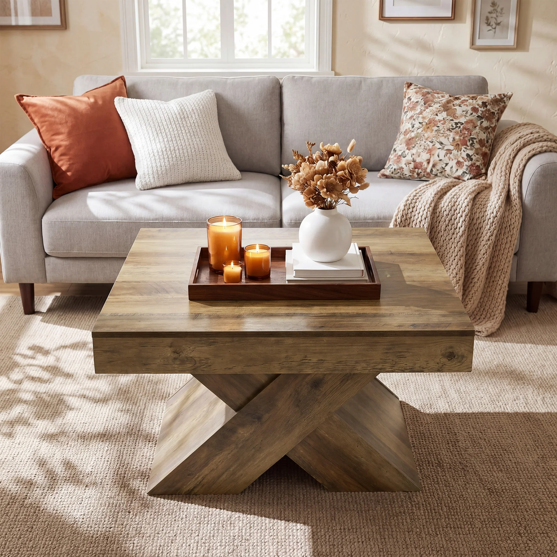 31.5" Farmhouse Coffee Table, Accent Center Table with X-Base for Living Room - Image 3