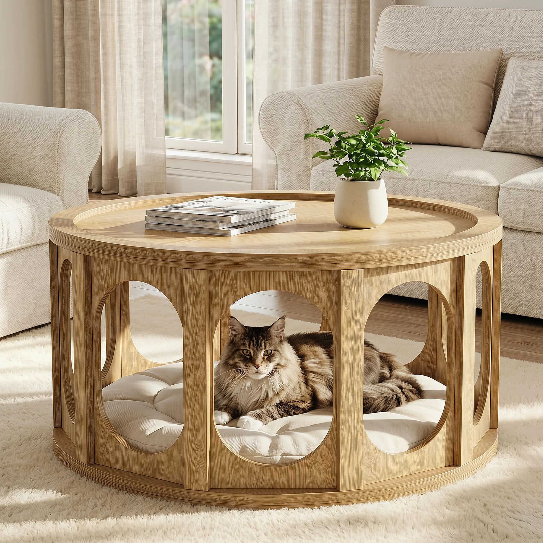 Tribesigns 31.5-Inch Modern Round Coffee Table with Open Storage Shelf, Wood Grain Center Table for Living Room - Image 5