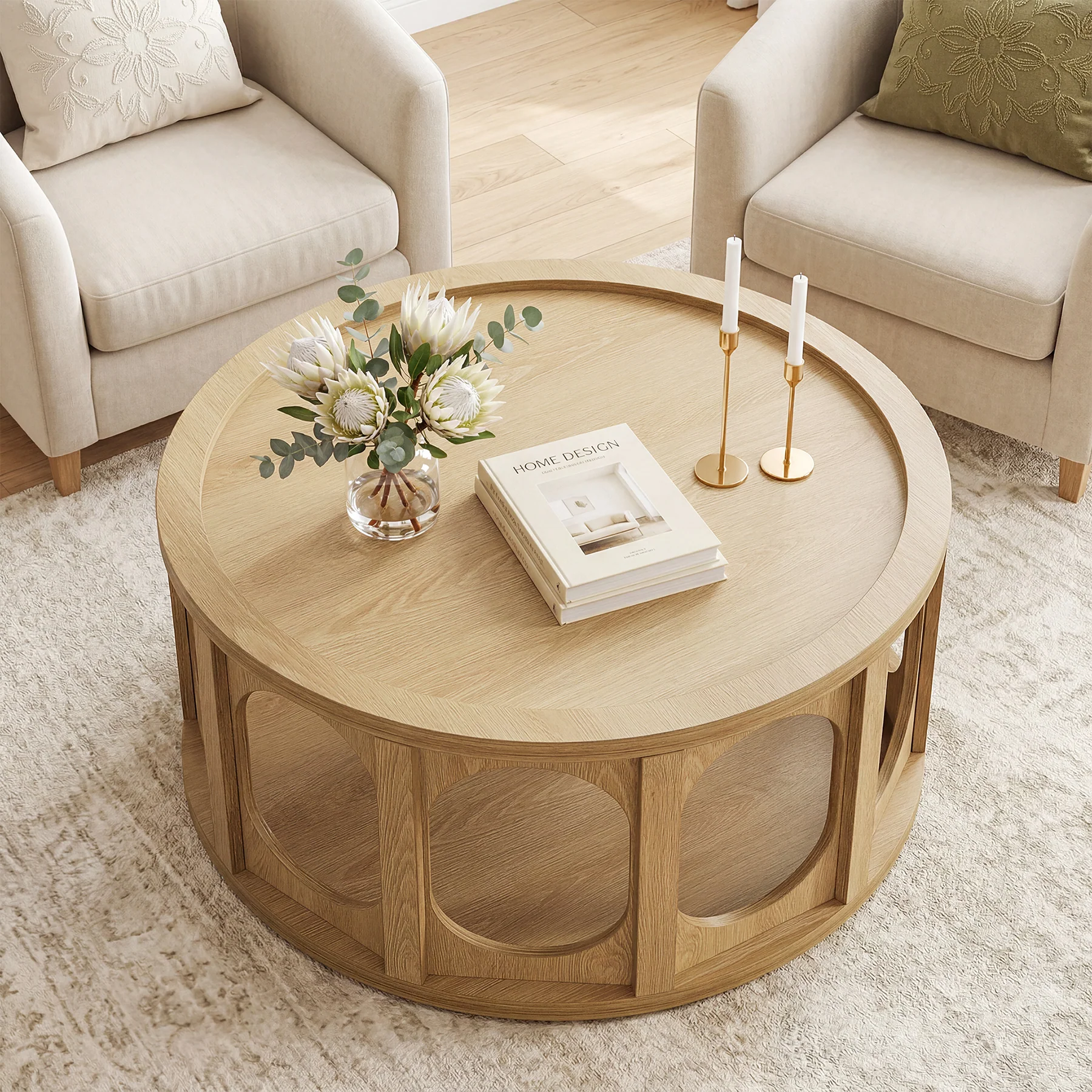 Tribesigns 31.5-Inch Modern Round Coffee Table with Open Storage Shelf, Wood Grain Center Table for Living Room - Image 6