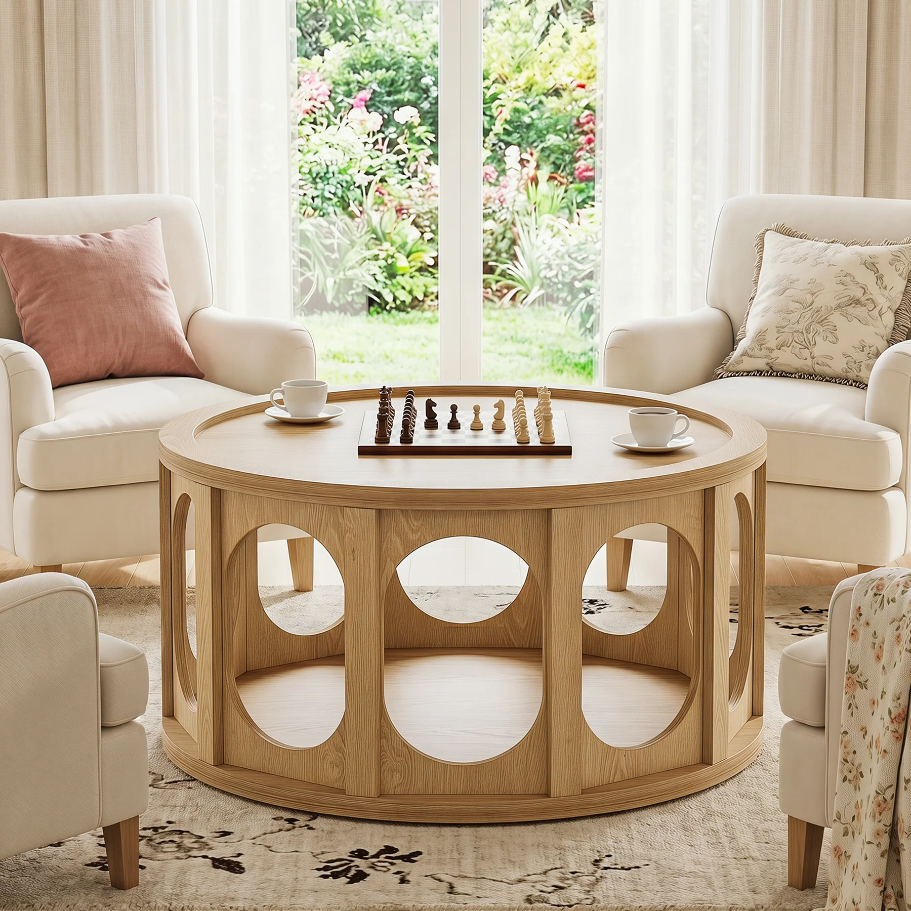 Tribesigns 31.5-Inch Modern Round Coffee Table with Open Storage Shelf, Wood Grain Center Table for Living Room - Image 7