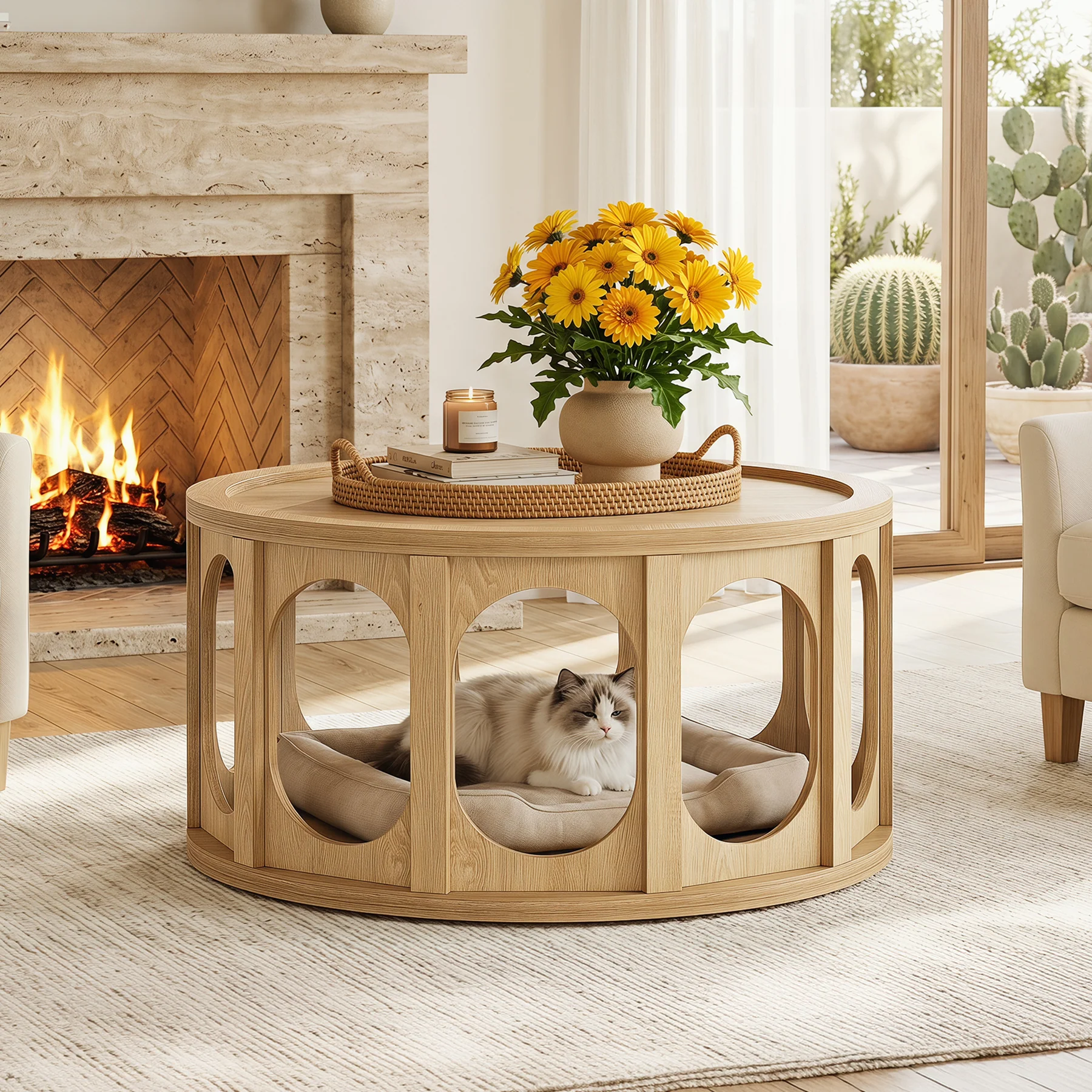 Tribesigns 31.5-Inch Modern Round Coffee Table with Open Storage Shelf, Wood Grain Center Table for Living Room - Image 8