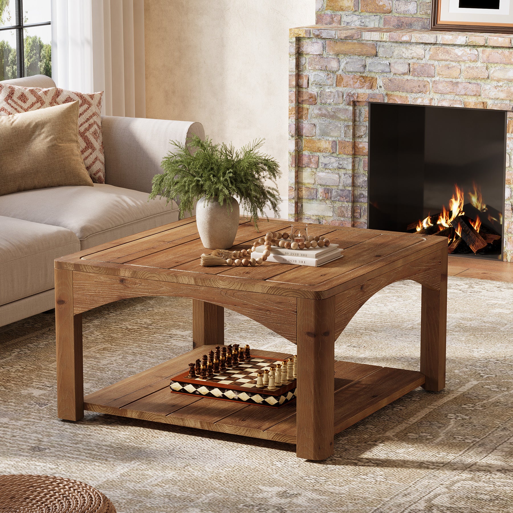 31.5" Square Coffee Table, Solid Wood 2-Tier Center Table for Living Room - Image 4